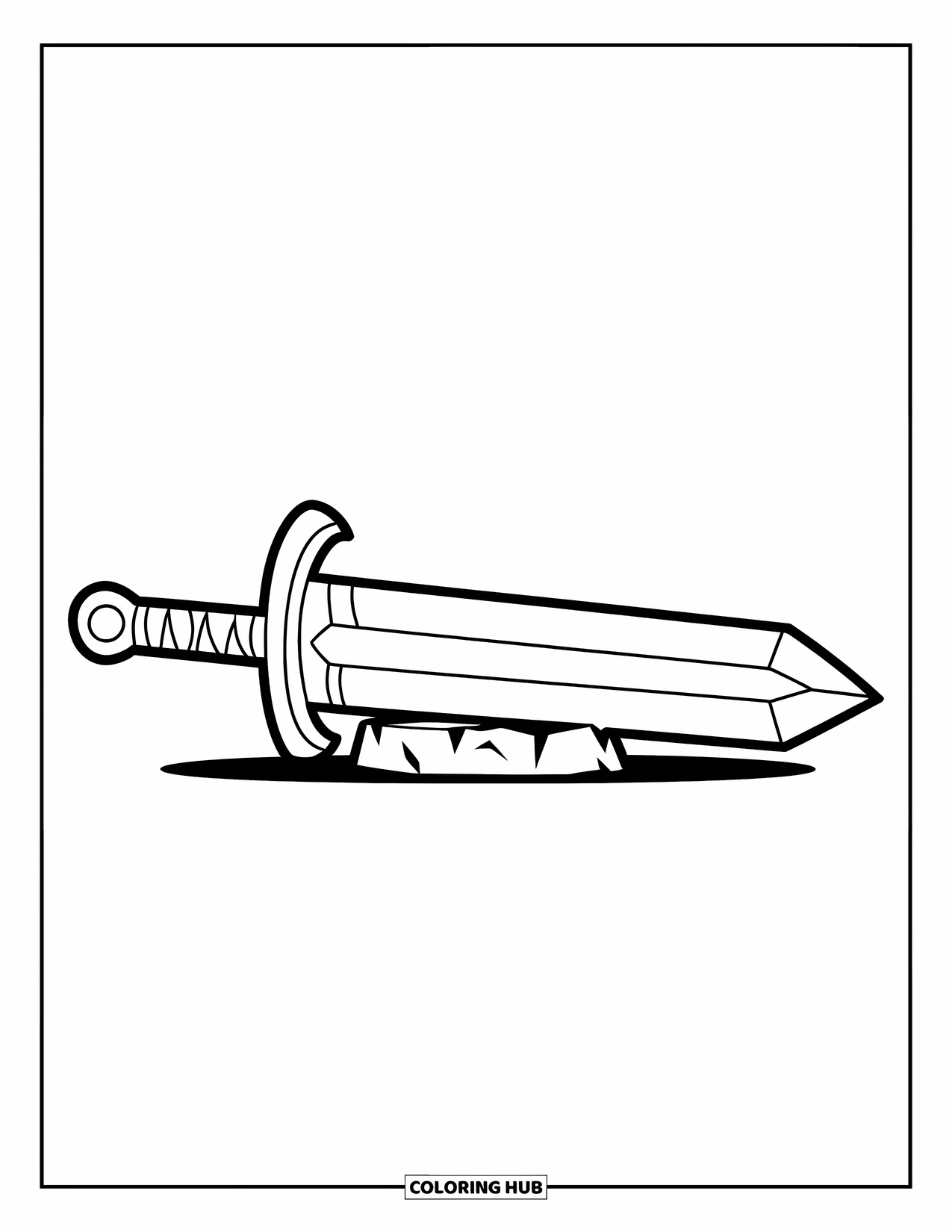 Disegno di spada da colorare per bambini: una spada in stile cartone animato appoggiata su una base di pietra, disegnata con contorni spessi e puliti