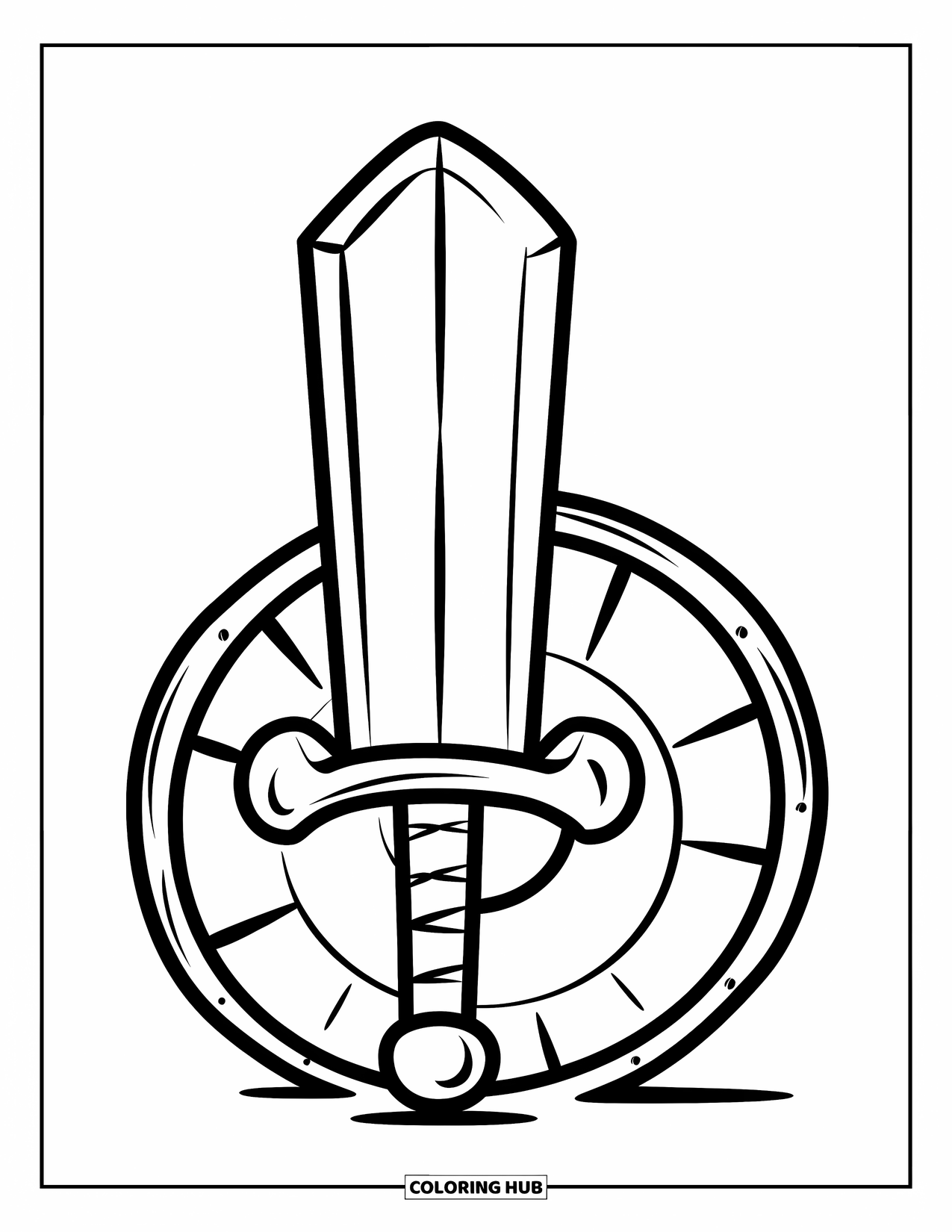 Disegno di spada da colorare per bambini: una spada allegra con una lama arrotondata appoggiata a terra, con uno scudo appoggiato dietro
