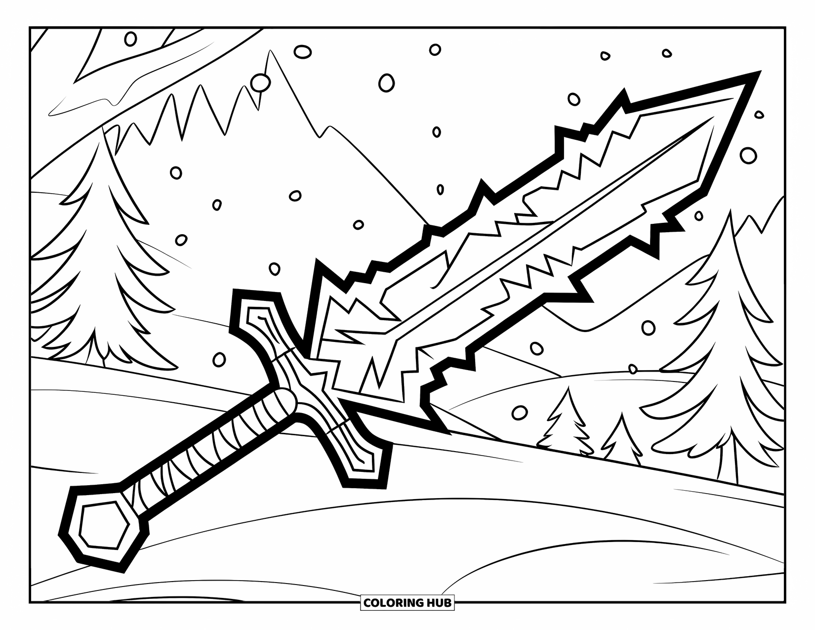 Disegno di spada da colorare per bambini: una spada di ghiaccio dettagliata fluttuante in un paesaggio innevato con montagne e alberi