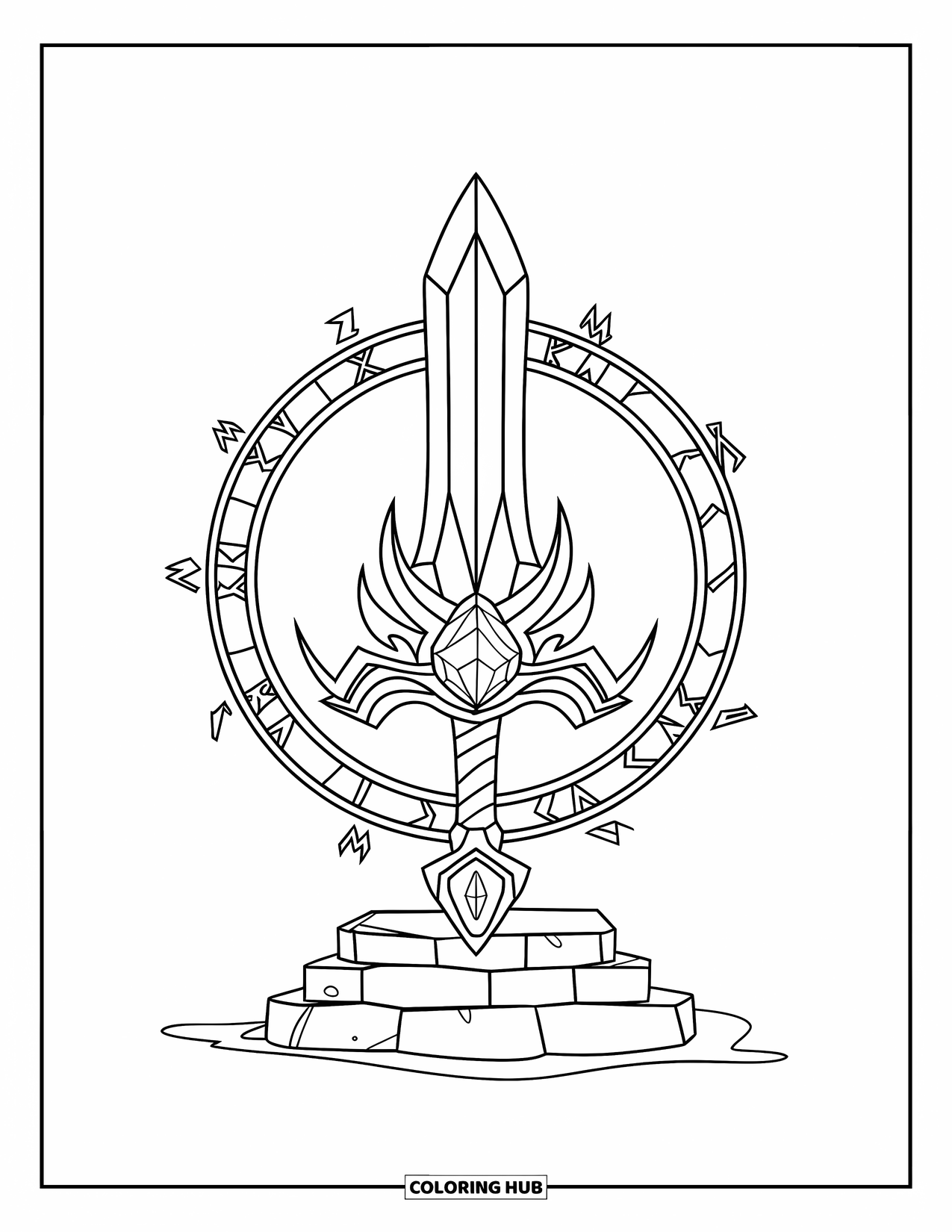 Disegno di spada da colorare per bambini: una spada fantasy con una gemma luminosa e rune, posta su un piedistallo di pietra