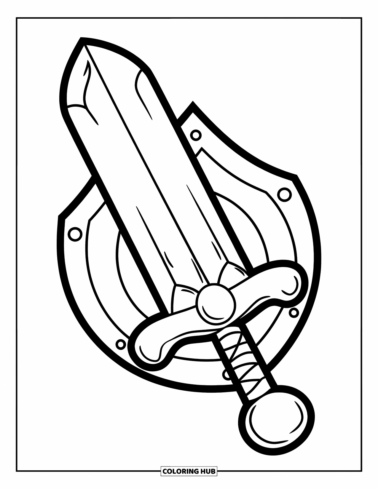 Disegno di spada da colorare per bambini: una spada amichevole e arrotondata in piedi di fronte a uno scudo, progettata con uno stile giocoso e allegro