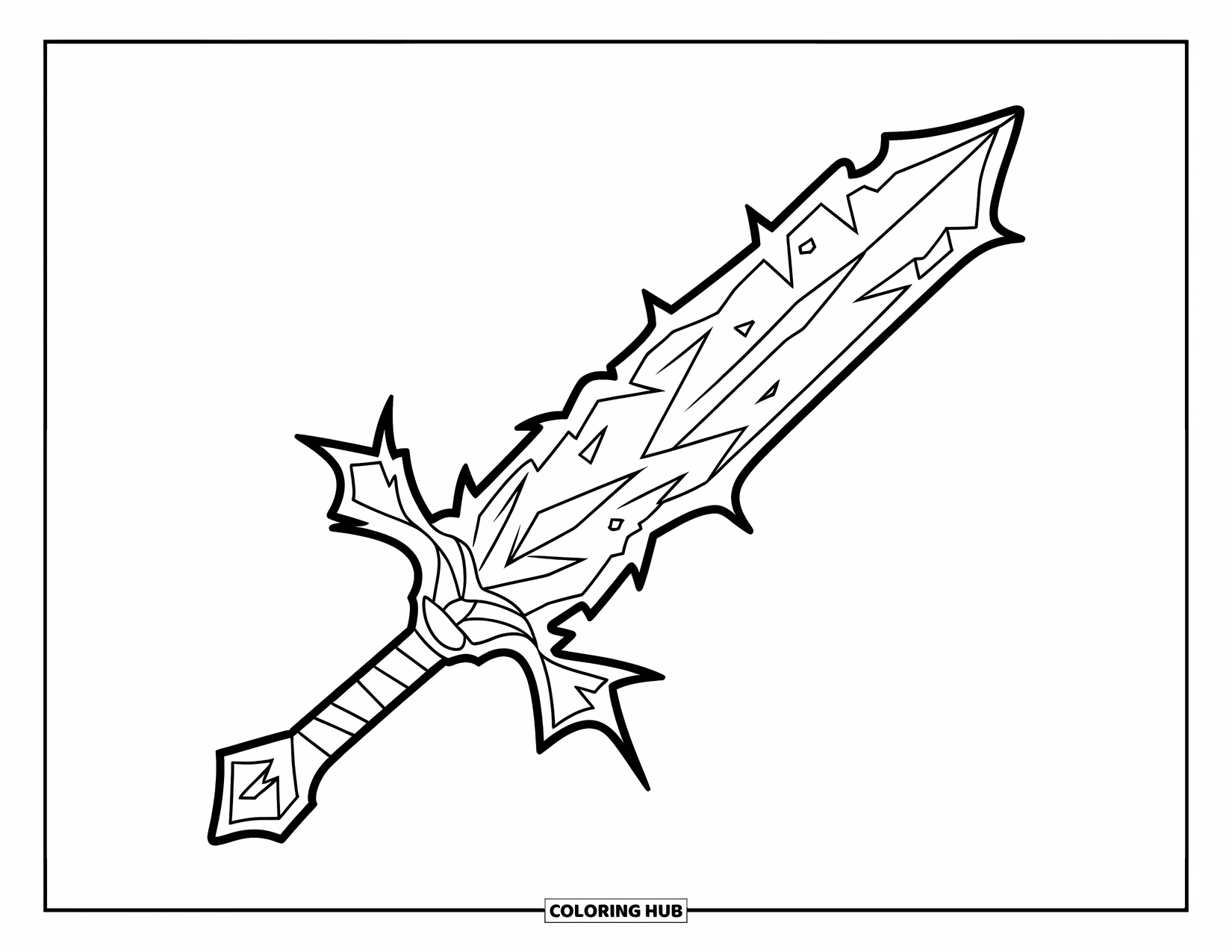 Disegno di spada da colorare per bambini: una spada di ghiaccio luminosa con effetti di brina, su uno sfondo bianco pulito