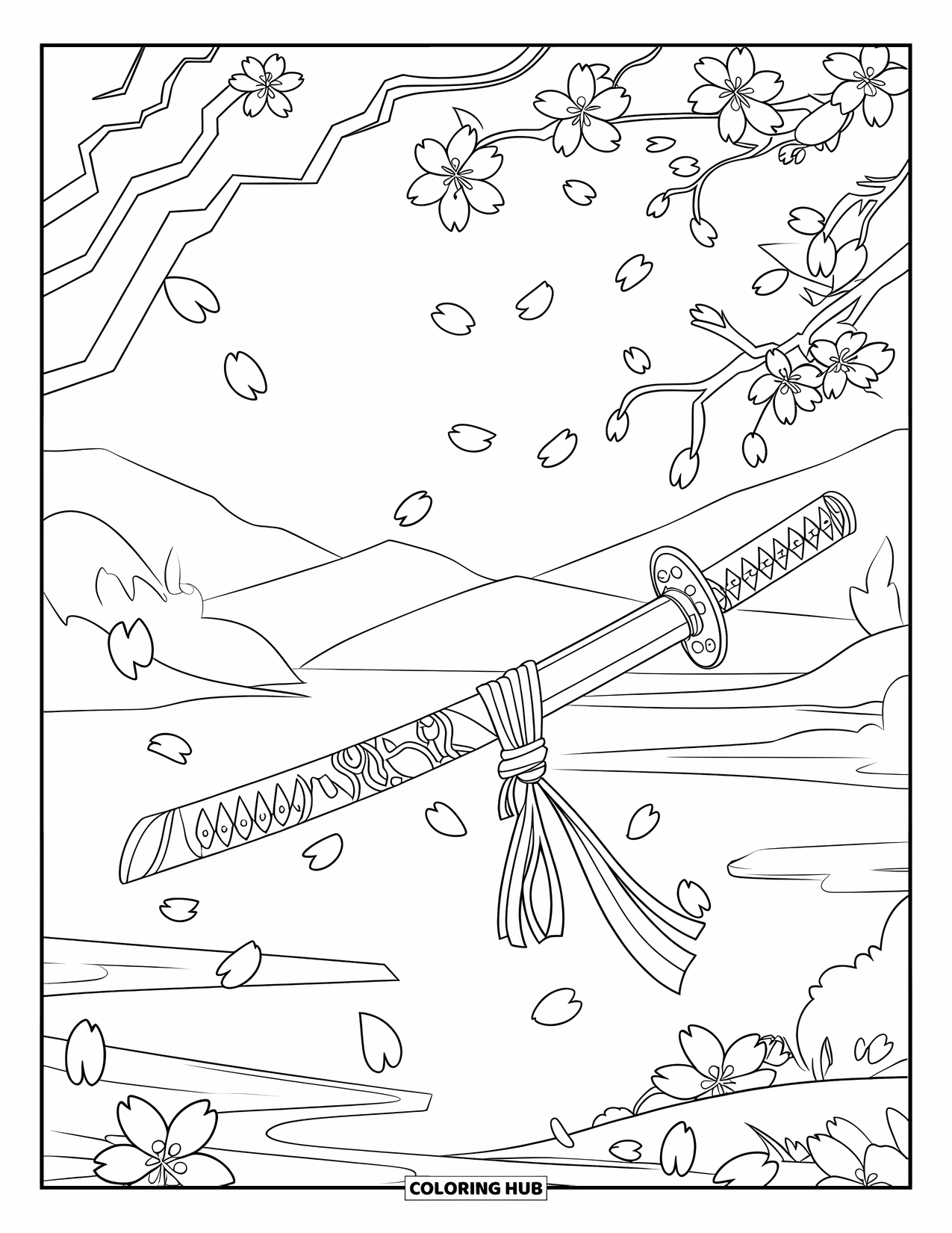 Disegno di spada da colorare per bambini: una katana appesa a un ramo di un albero, con fiori di ciliegio e montagne sullo sfondo