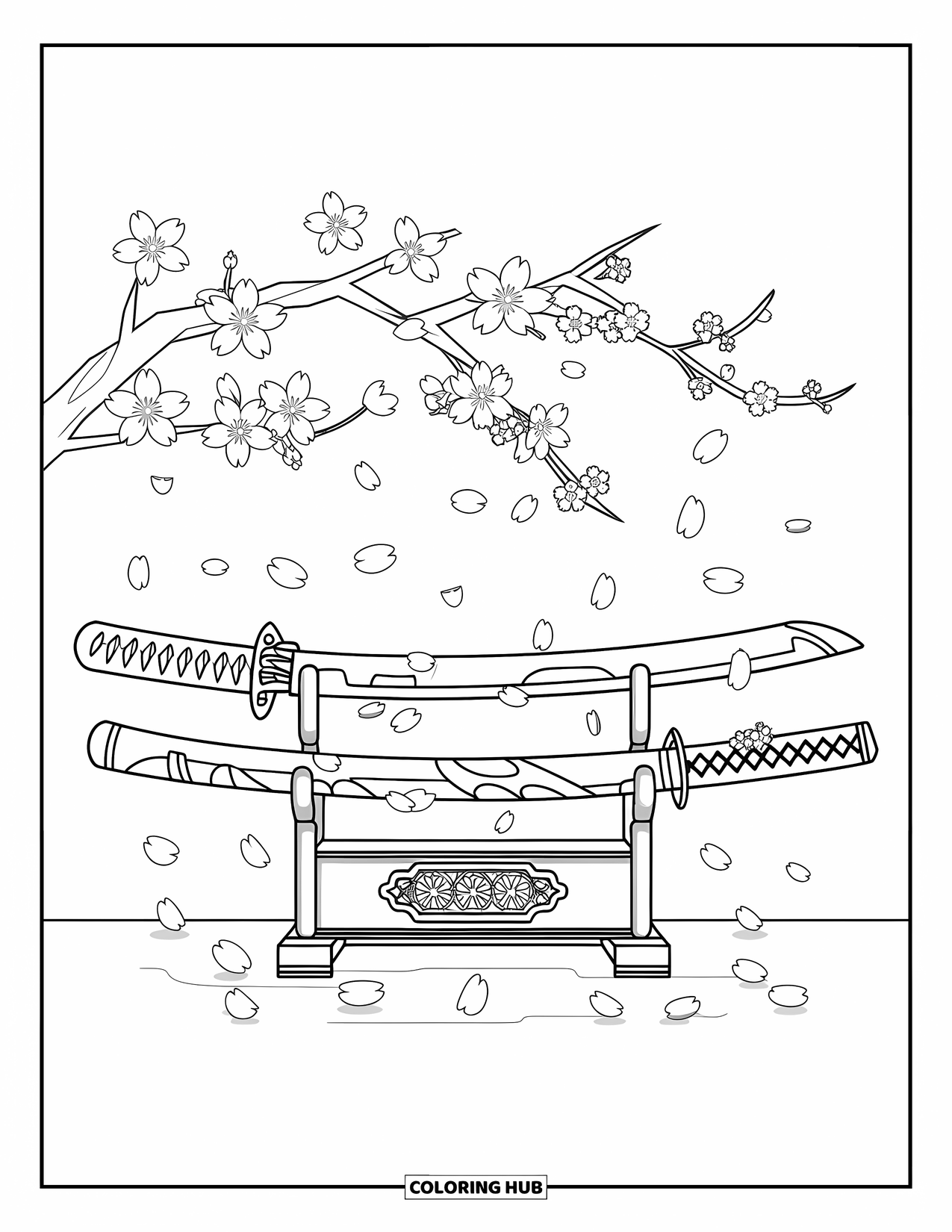 Disegno di spada da colorare per bambini: una katana posta su un supporto di legno, con fiori di ciliegio che fluttuano delicatamente intorno