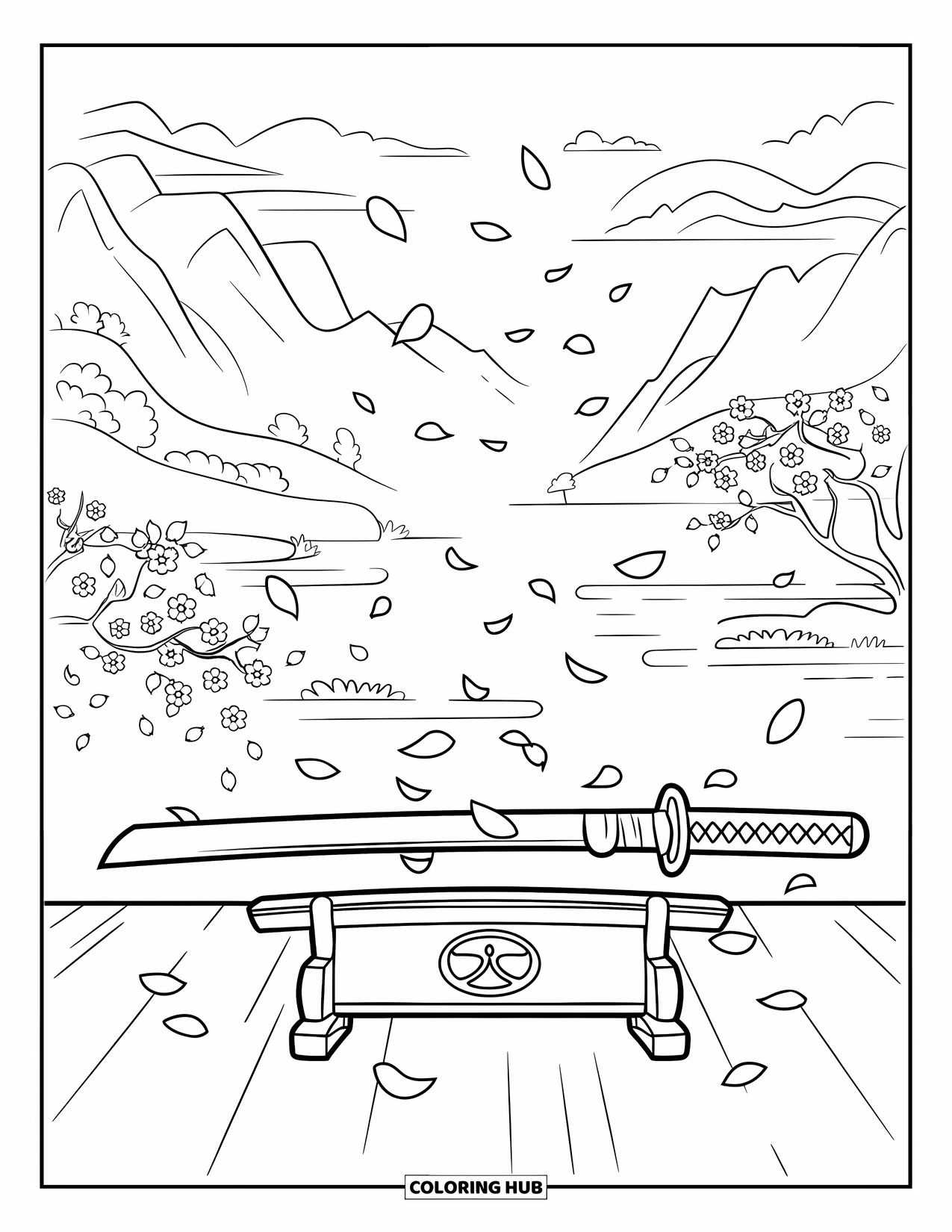 Disegno di spada da colorare per bambini: una katana appoggiata su un supporto di legno, circondata da petali di fiori di ciliegio fluttuanti