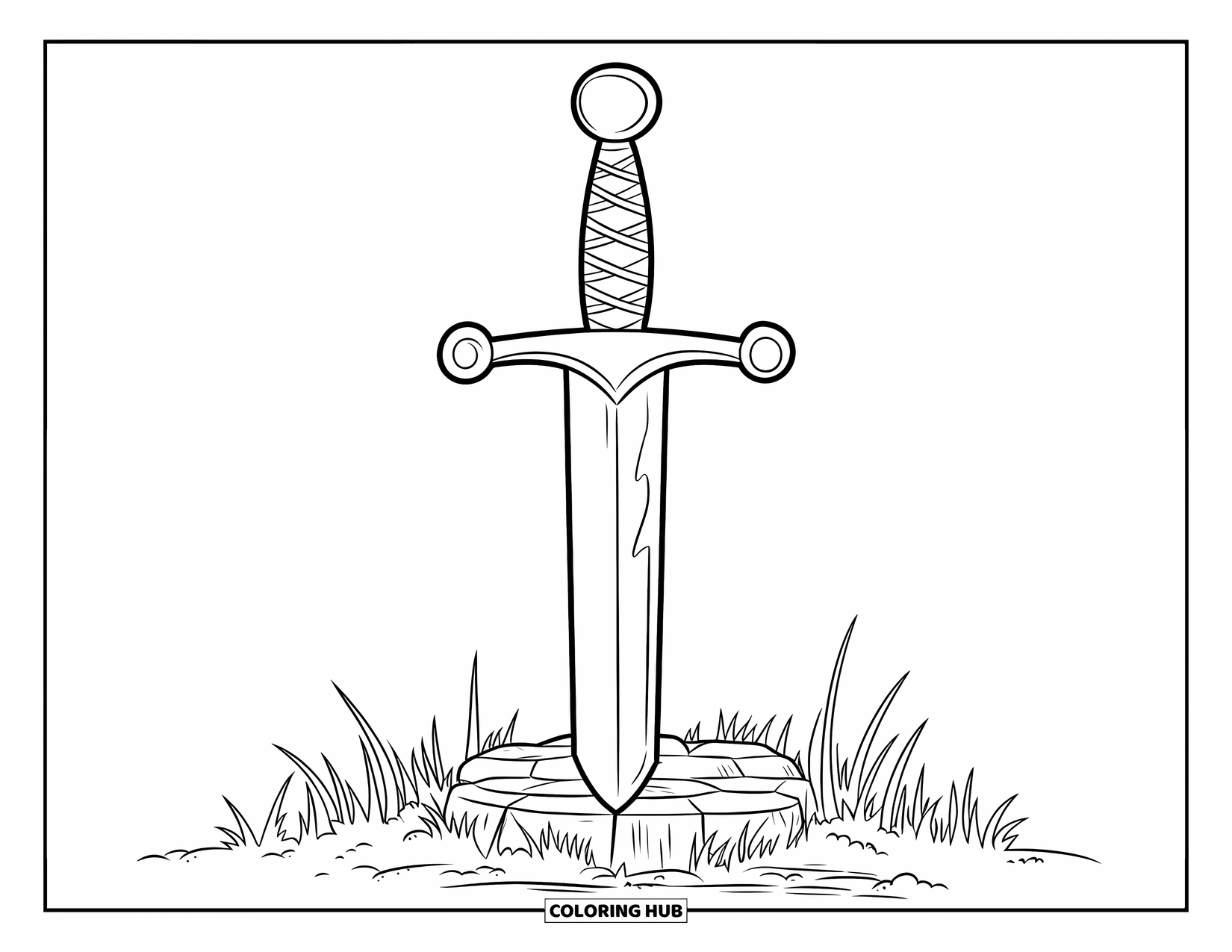 Disegno di spada da colorare per bambini: la spada di un cavaliere con un pomello rotondo, incastonata in una base di pietra circondata da erba