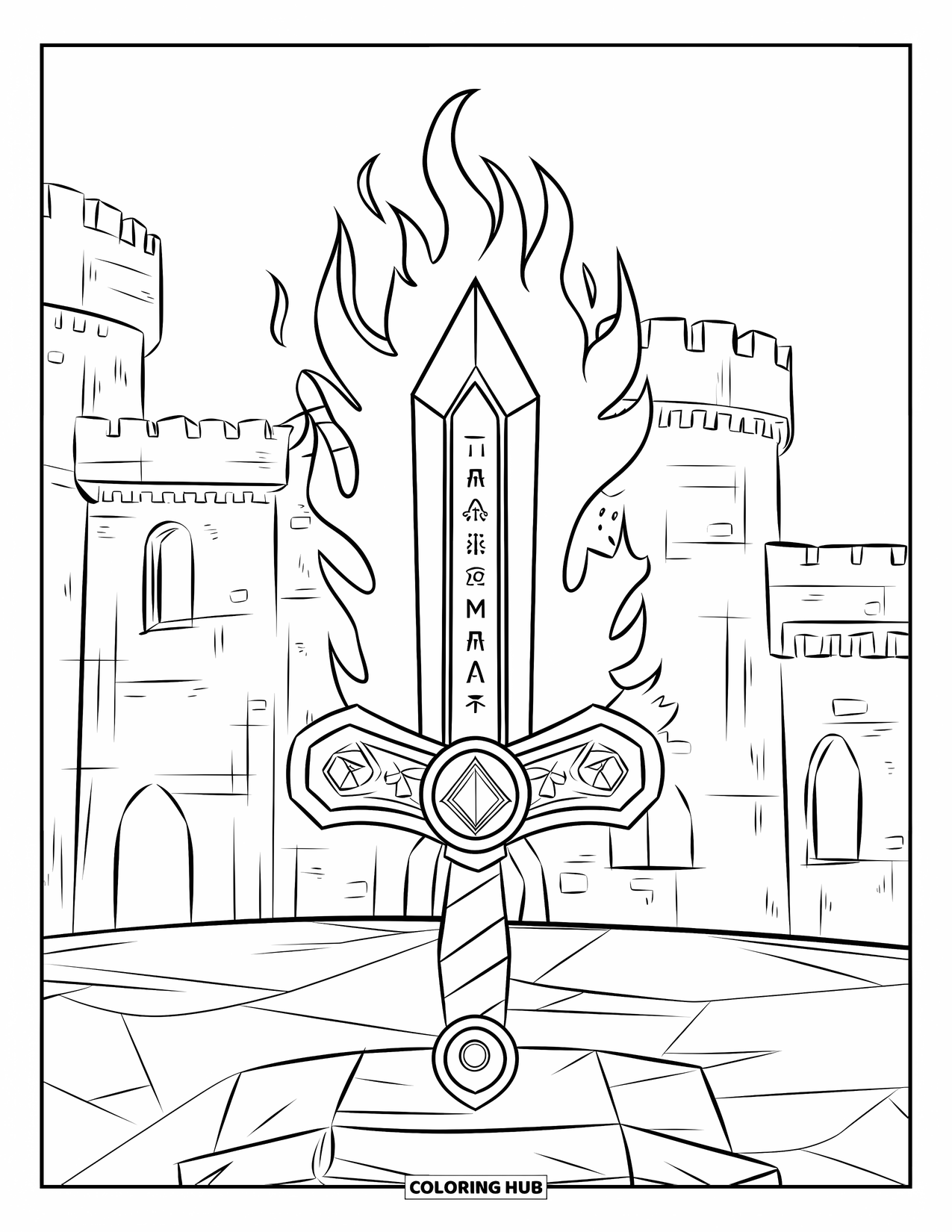 Disegno di spada da colorare per bambini: una spada leggendaria con una lama fiammeggiante e antiche iscrizioni, posta su un piedistallo di pietra