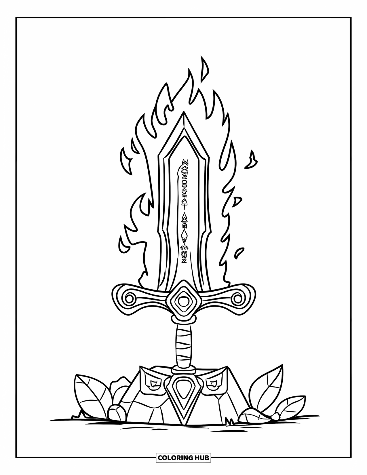 Disegno di spada da colorare per bambini: una spada leggendaria con una lama fiammeggiante e antiche iscrizioni, appoggiata su una pietra con foglie