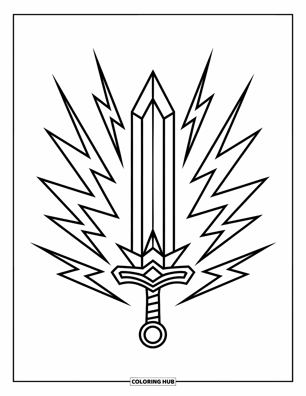 Disegno di spada da colorare per bambini: una spada da battaglia carica di fulmini con un gioiello nell'elsa, progettata per studenti delle elementari