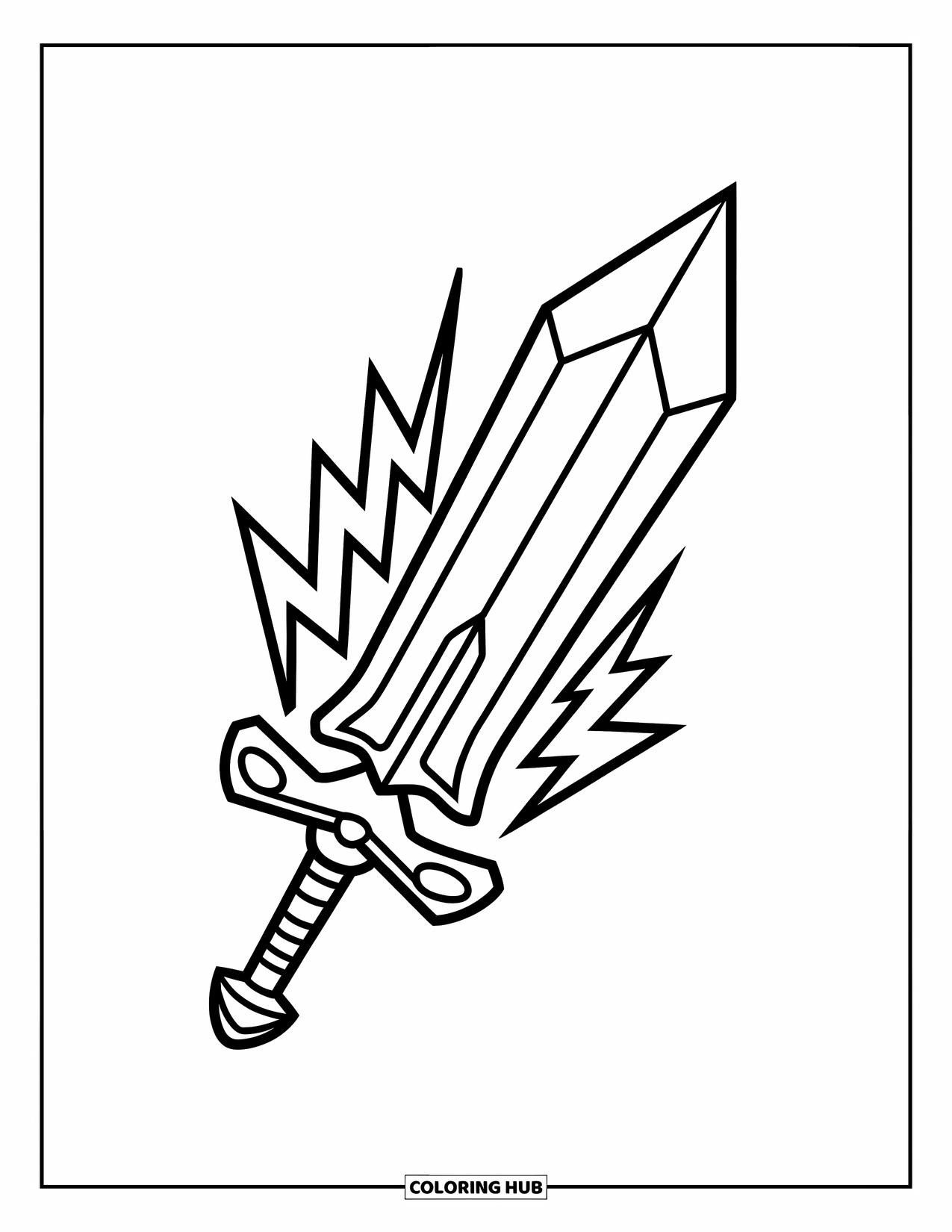 Disegno di spada da colorare per bambini: una spada da battaglia magica circondata da fulmini, che brilla di energia