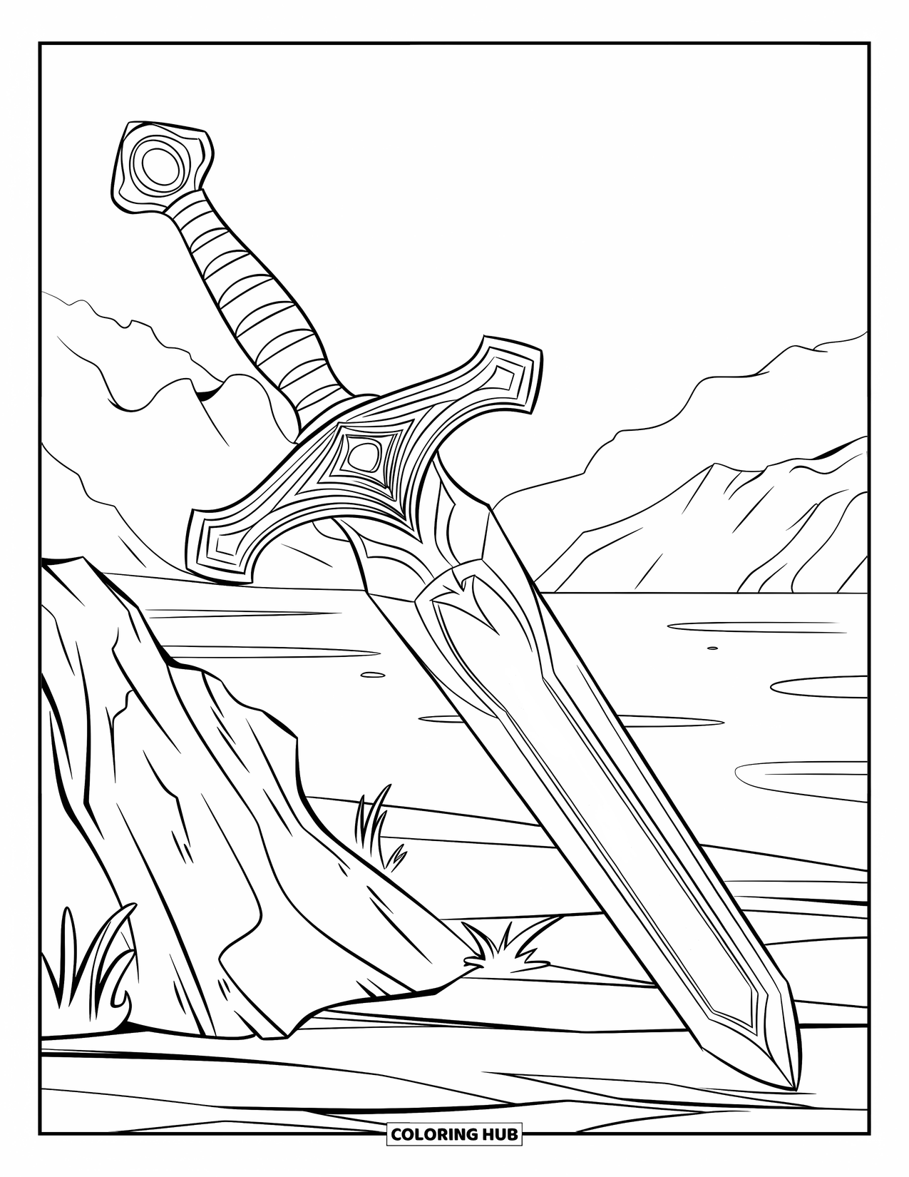 Disegno di spada da colorare per bambini: una spada mistica con bordi ricoperti di fuoco, appoggiata a una roccia in un paesaggio nebbioso