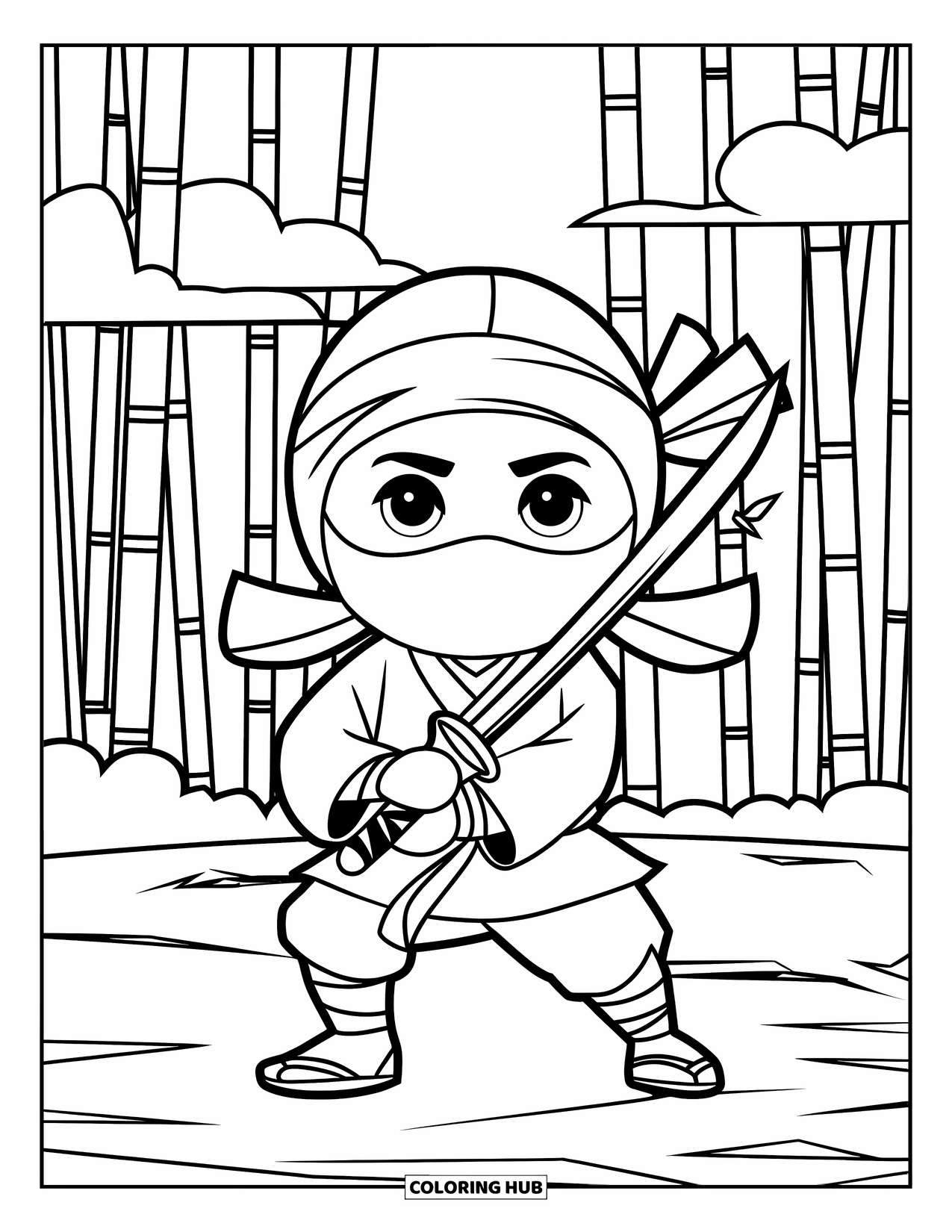 Disegno di spada da colorare per bambini: un ninja che tiene una katana, in piedi di fronte a una foresta di bambù con nuvole sullo sfondo