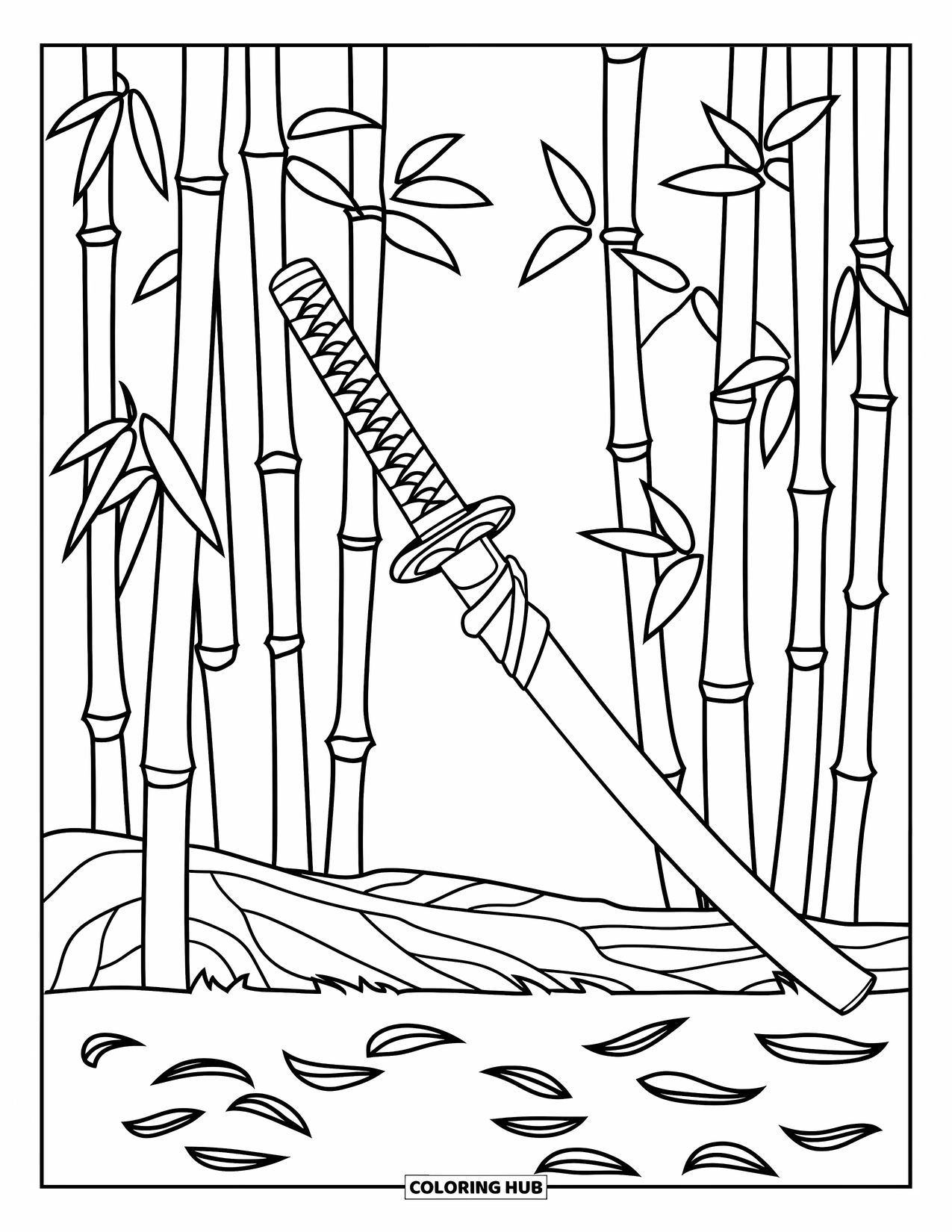 Disegno di spada da colorare per bambini: una katana ninja appoggiata a un albero, circondata da fusti di bambù con foglie cadute