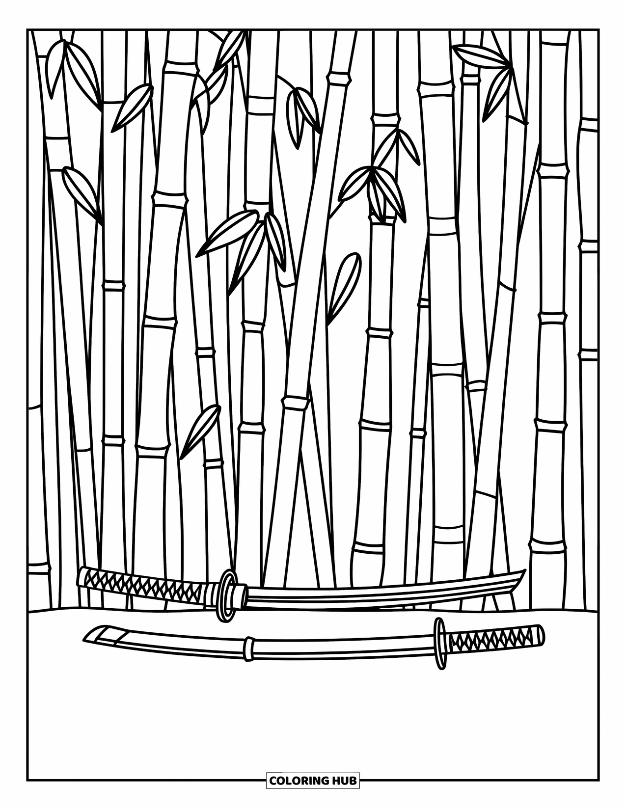 Disegno di spada da colorare per bambini: una katana ninja posta a terra, circondata da alti fusti di bambù con foglie a forma di cuore