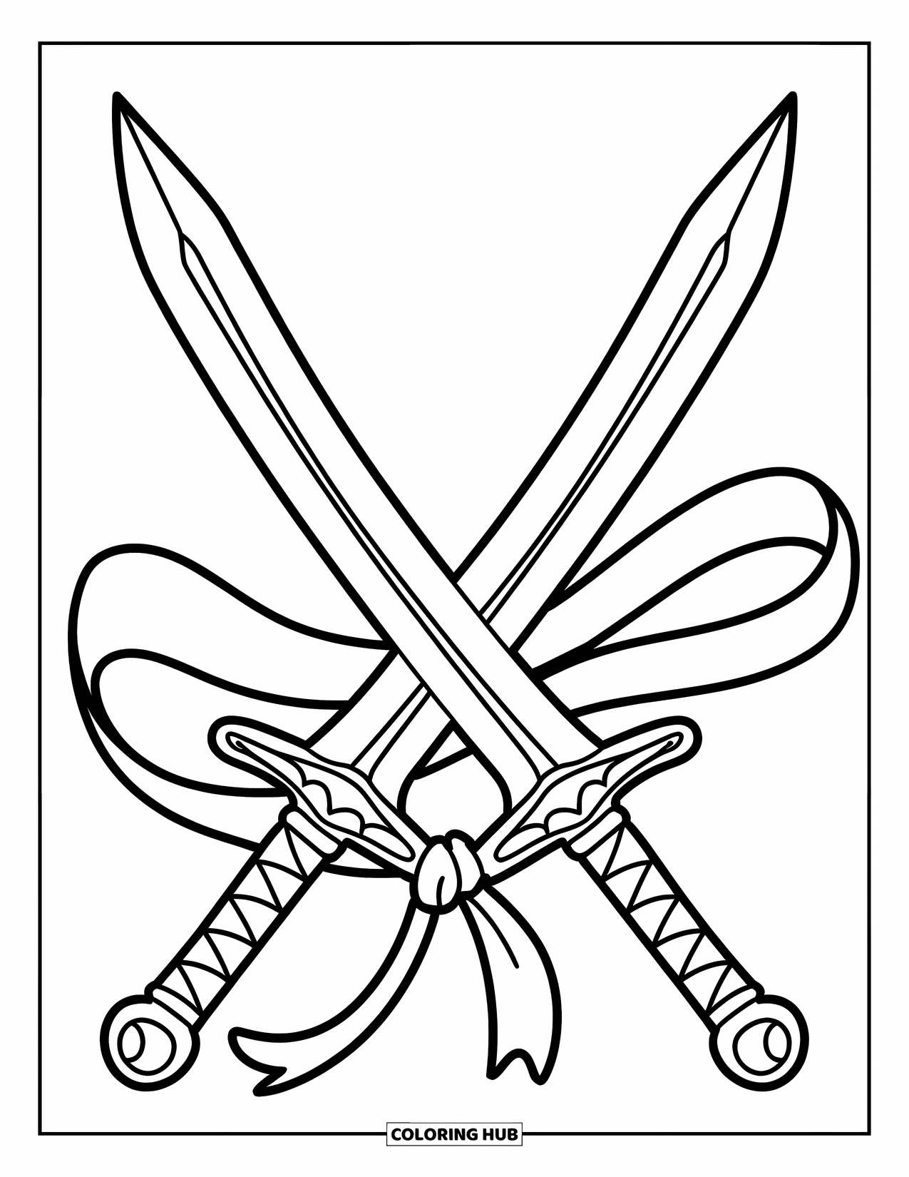 Disegno di spada da colorare per bambini: un paio di spade incrociate legate con un nastro, con motivi intricati ed else ornate