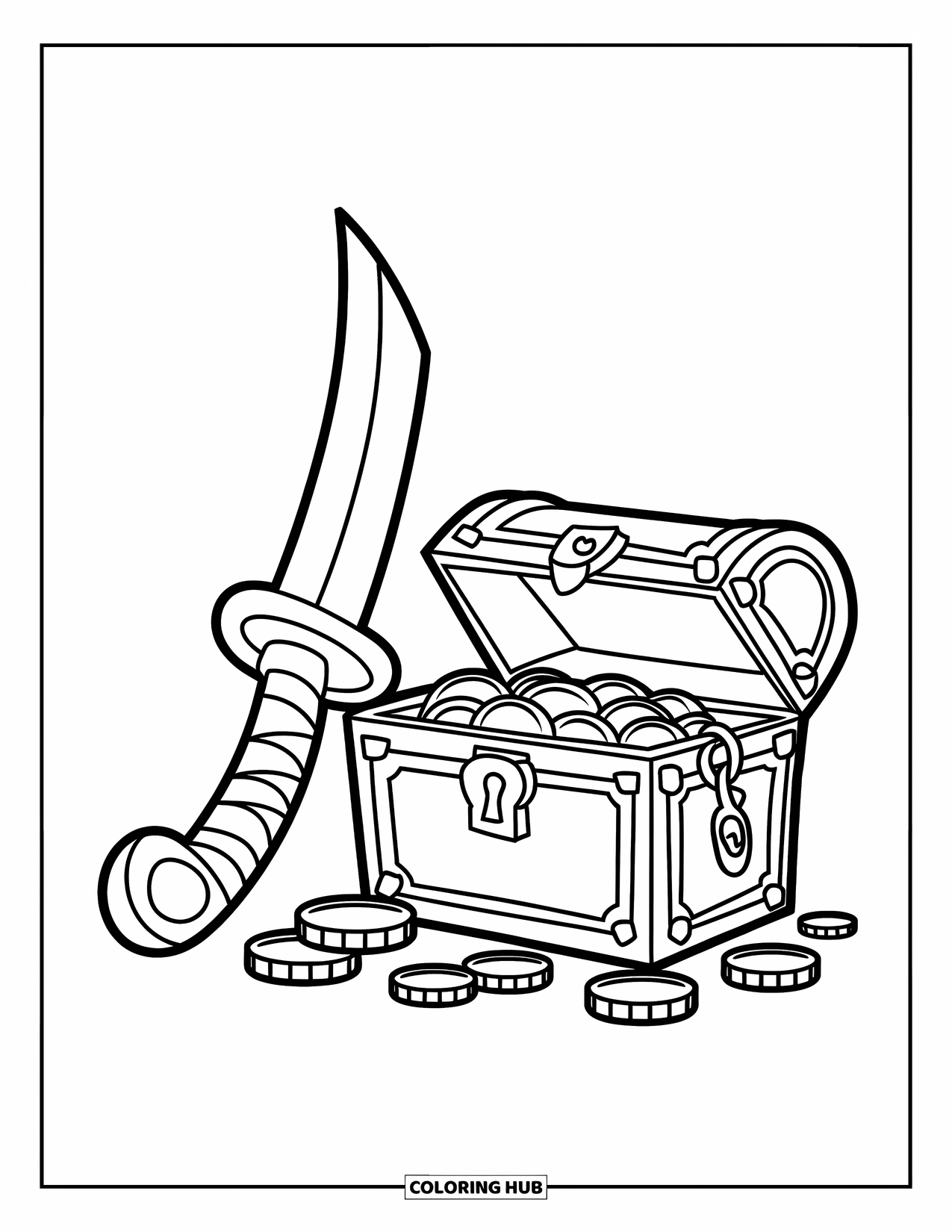 Disegno di spada da colorare per bambini: la sciabola di un pirata accanto a uno scrigno del tesoro, con monete sparse intorno, disegnata con contorni marcati