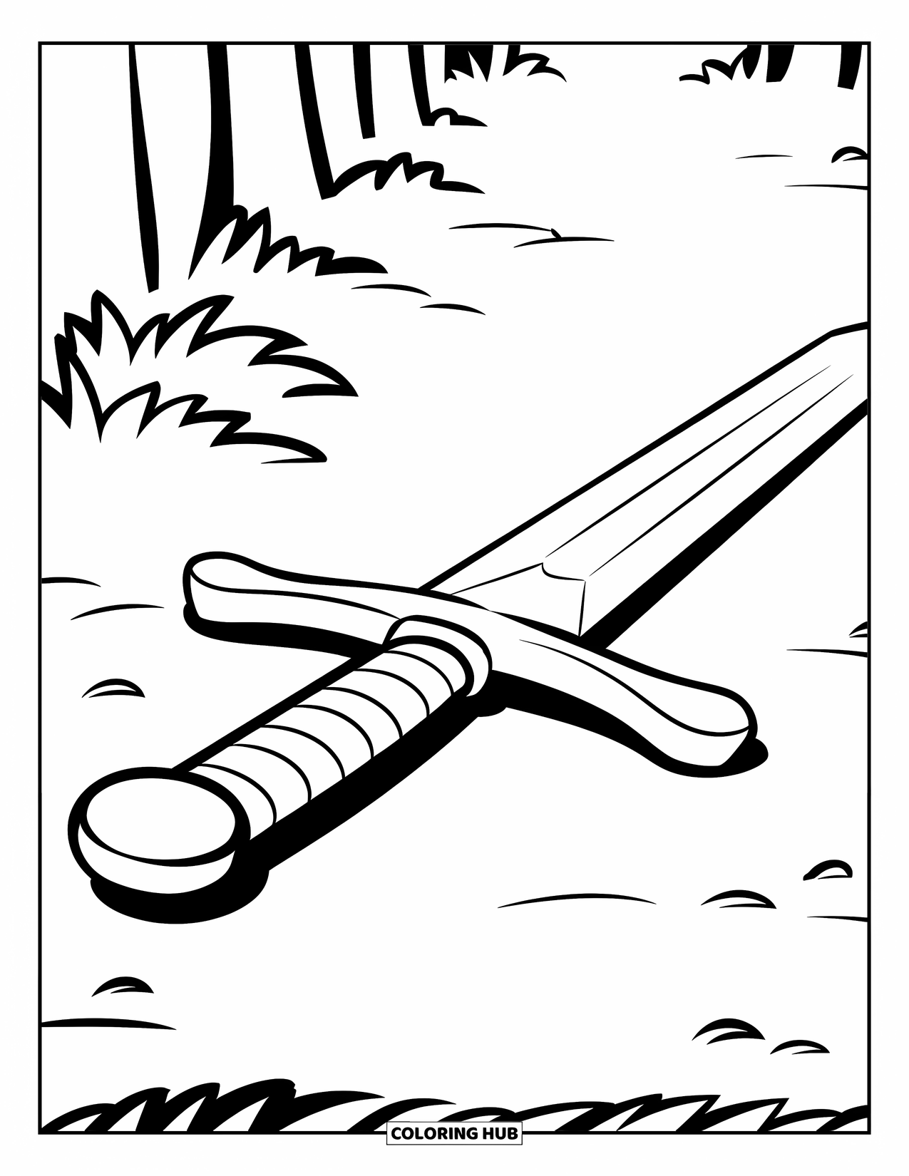Disegno di spada da colorare per bambini: una spada giocosa con un manico audace, appoggiata a terra senza oggetti aggiuntivi nella scena