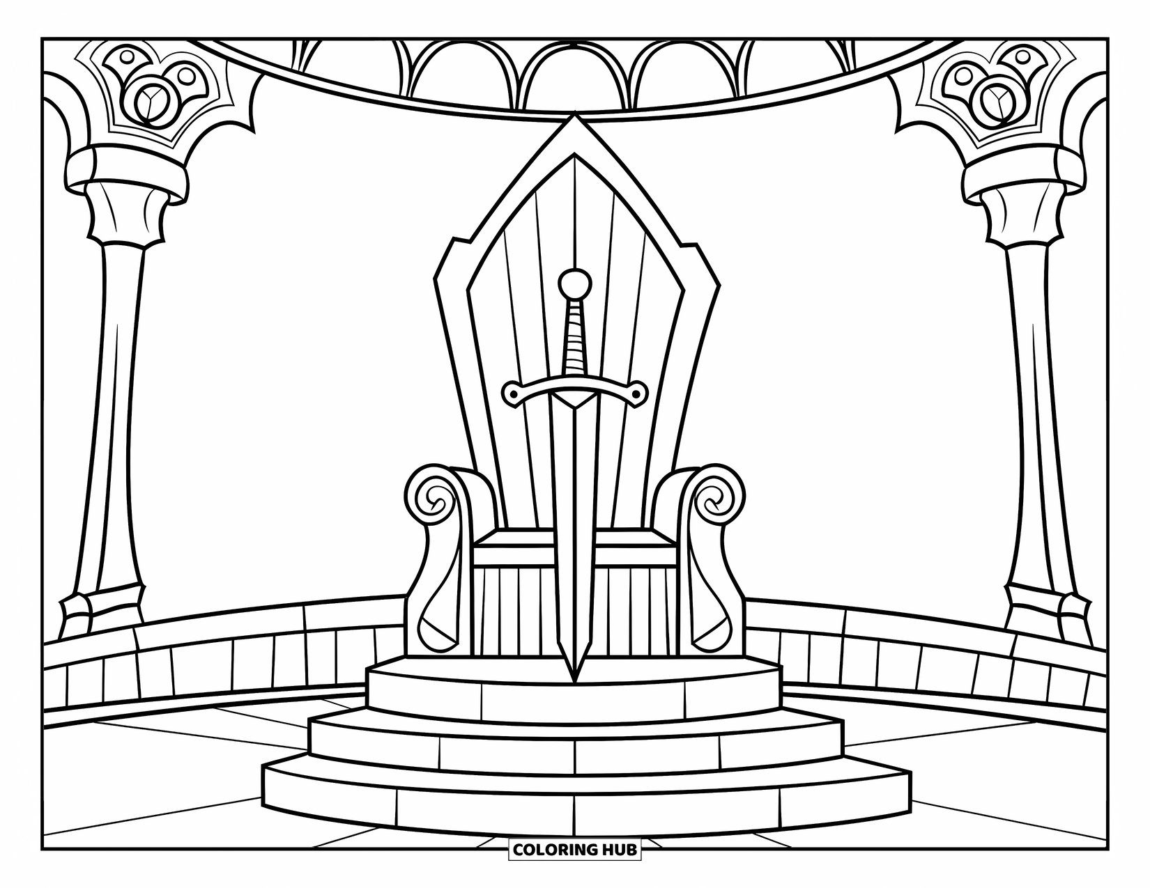 Disegno di spada da colorare per bambini: una spada reale su un trono al centro di una stanza circolare con intagli decorativi