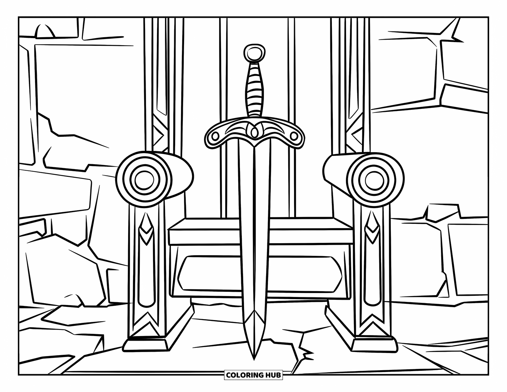 Disegno di spada da colorare per bambini: una spada reale appoggiata su un trono di legno, posta su una piattaforma di pietra con intagli intricati