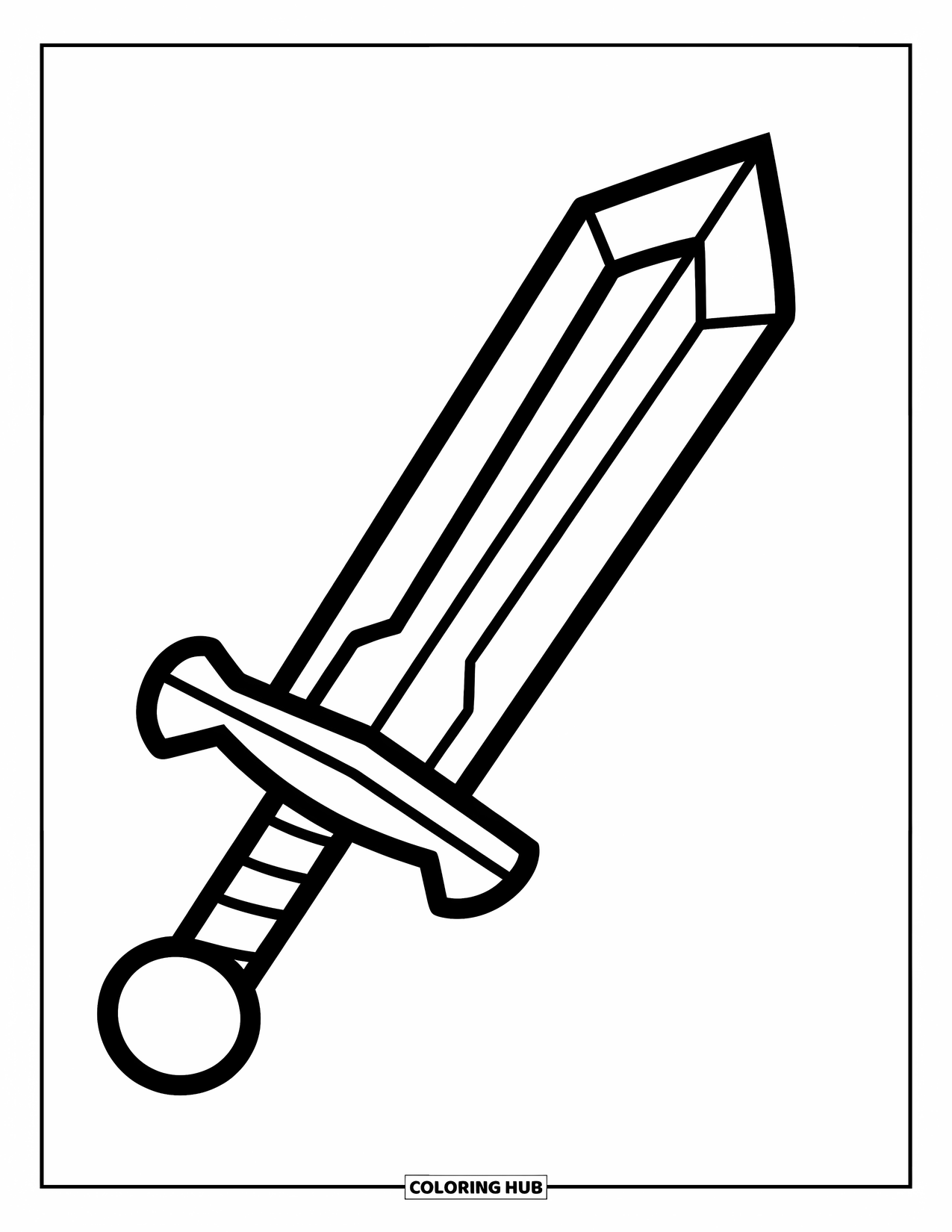 Disegno di spada da colorare per bambini: una spada semplice e amichevole con un grande manico, progettata per far divertire i bambini in età prescolare a colorare