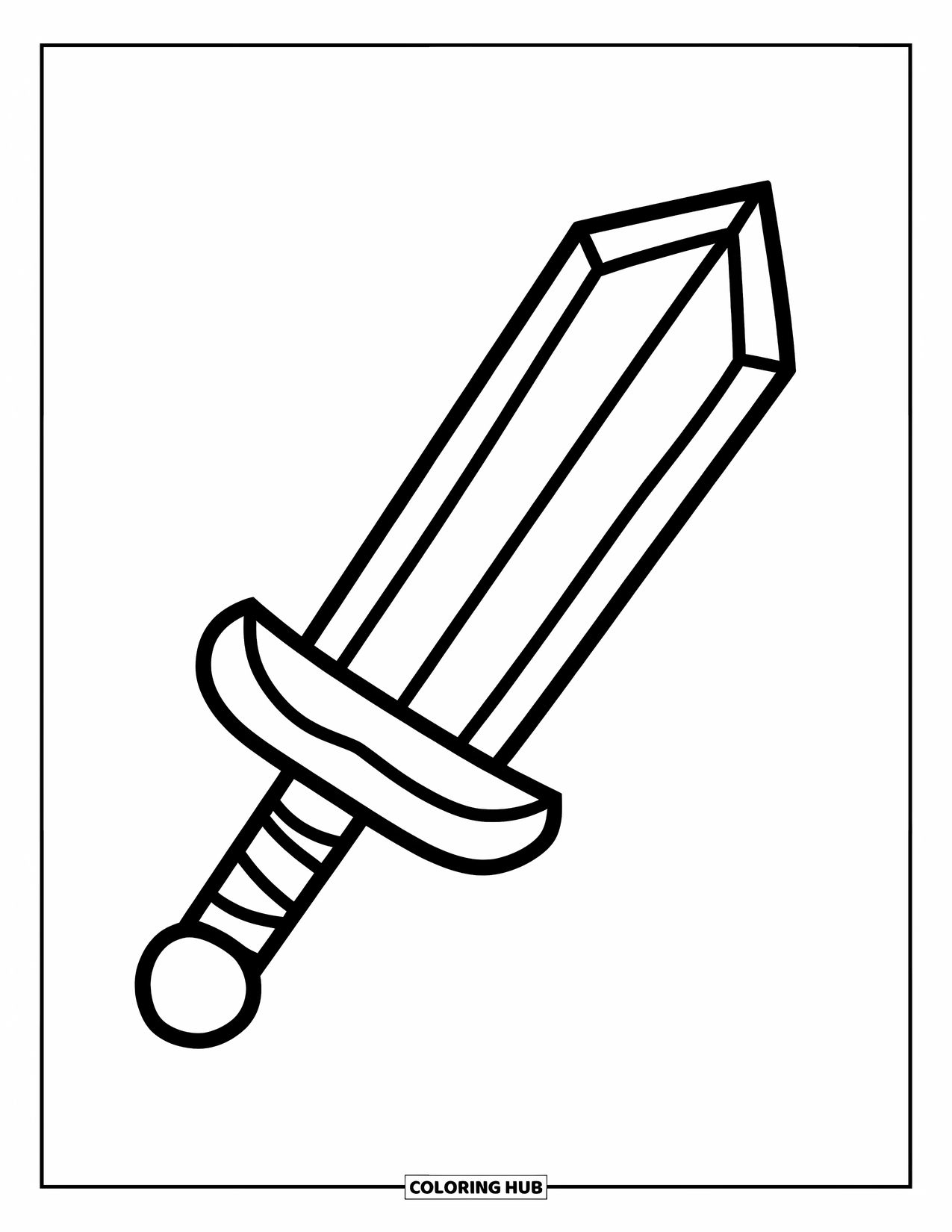 Disegno di spada da colorare per bambini: una semplice spada da cartone animato con contorni marcati e un manico facile da colorare, su sfondo bianco