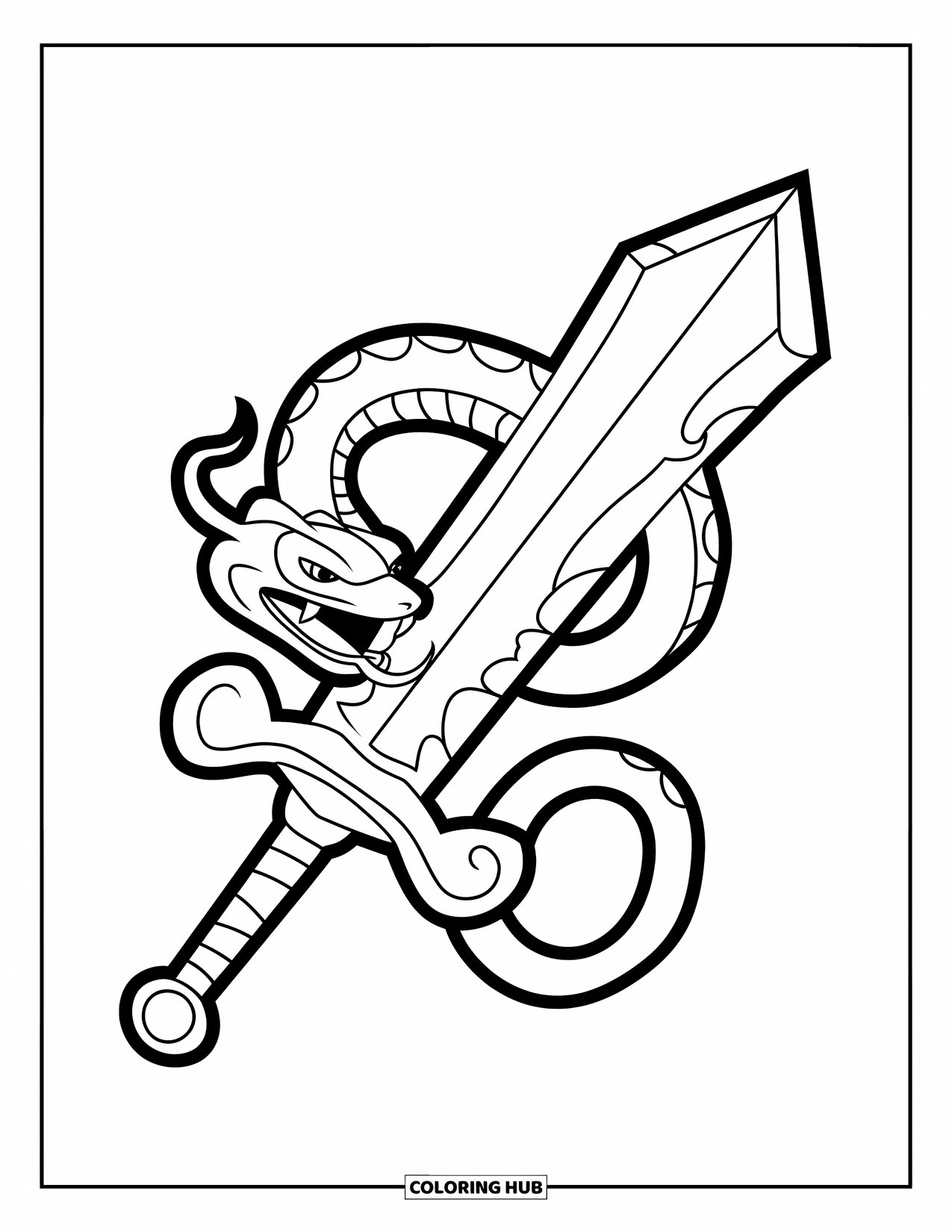Disegno di spada da colorare per bambini: una spada sorprendente con un serpente avvolto, con contorni nitidi e squame leggermente dettagliate