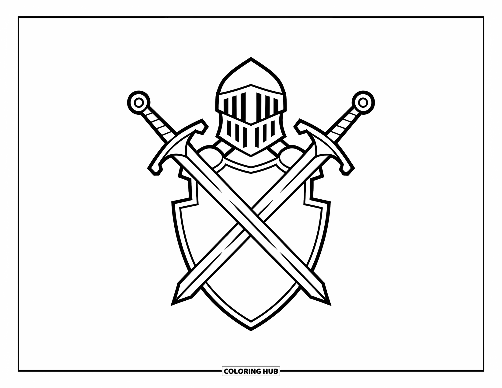 Disegno di spada da colorare per bambini: un forte cavaliere che tiene uno scudo con spade incrociate, con un design audace e pulito