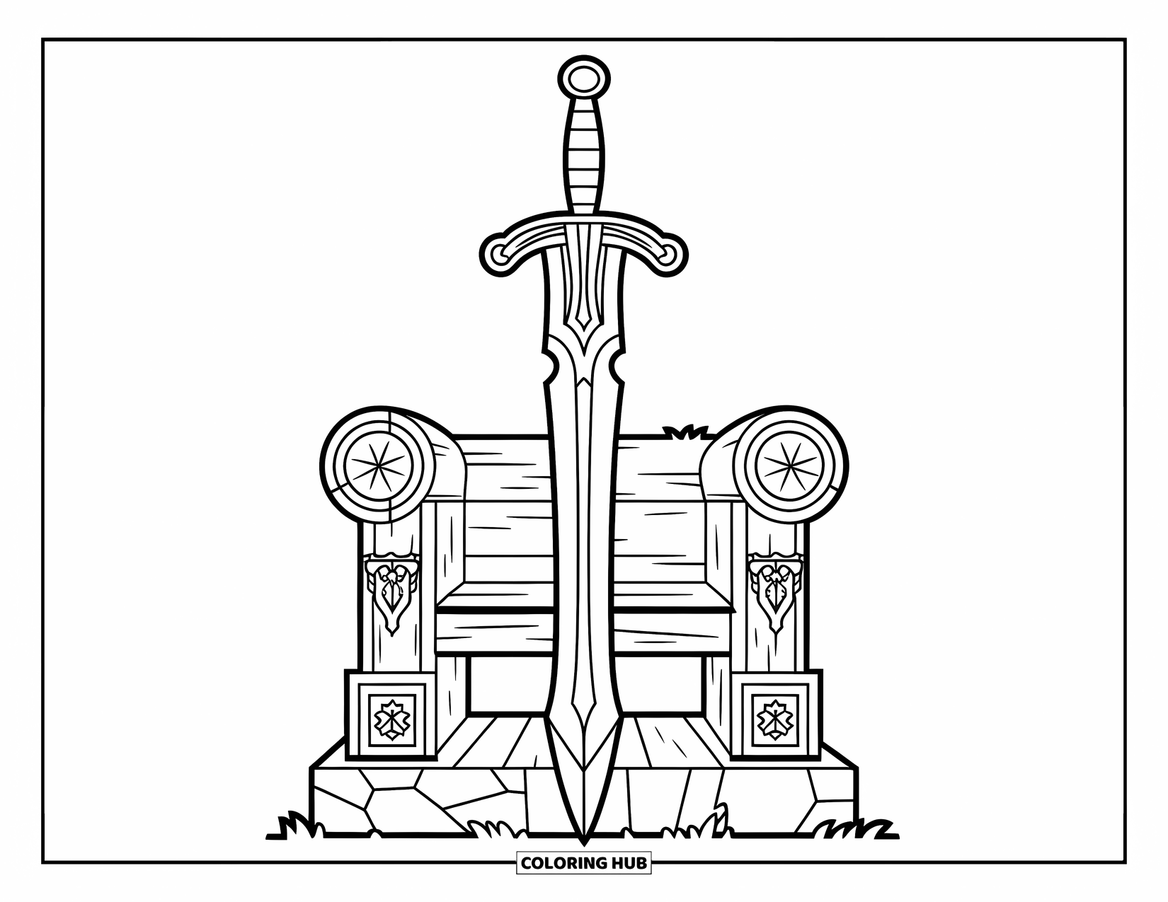 Disegno di spada da colorare per bambini: una spada con un'elsa intricata e una grande guardia, posta su un trono con elementi dettagliati
