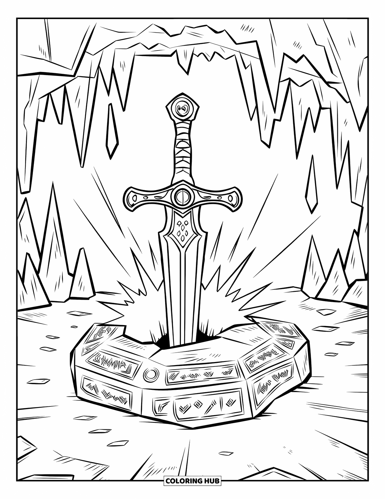 Disegno di spada da colorare per bambini: la spada di un guerriero con un'elsa dettagliata, posta in una pietra incisa con rune luminose all'interno di una grotta