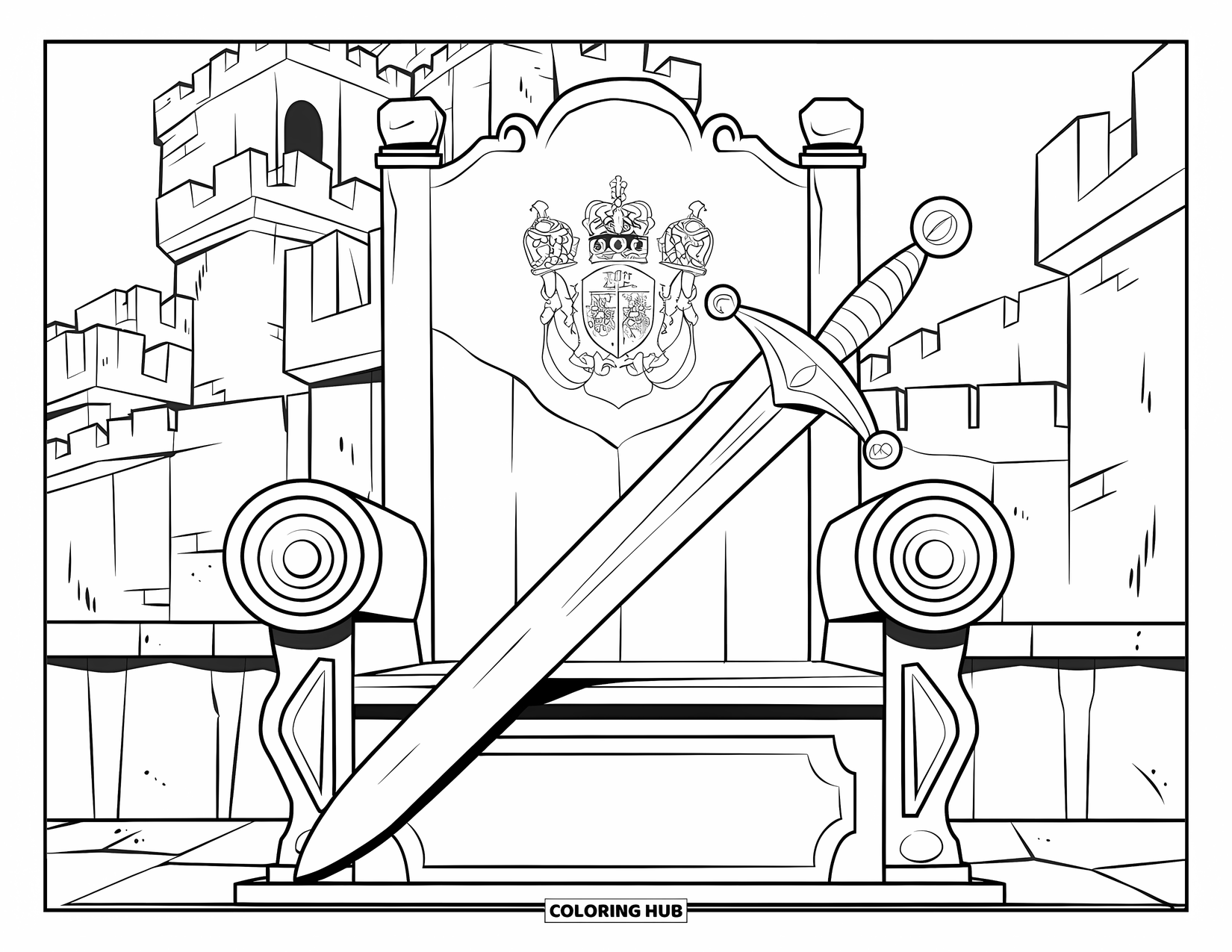 Disegno di spada da colorare per bambini: una spada ornata su un trono, con una bandiera reale e un grande castello sullo sfondo