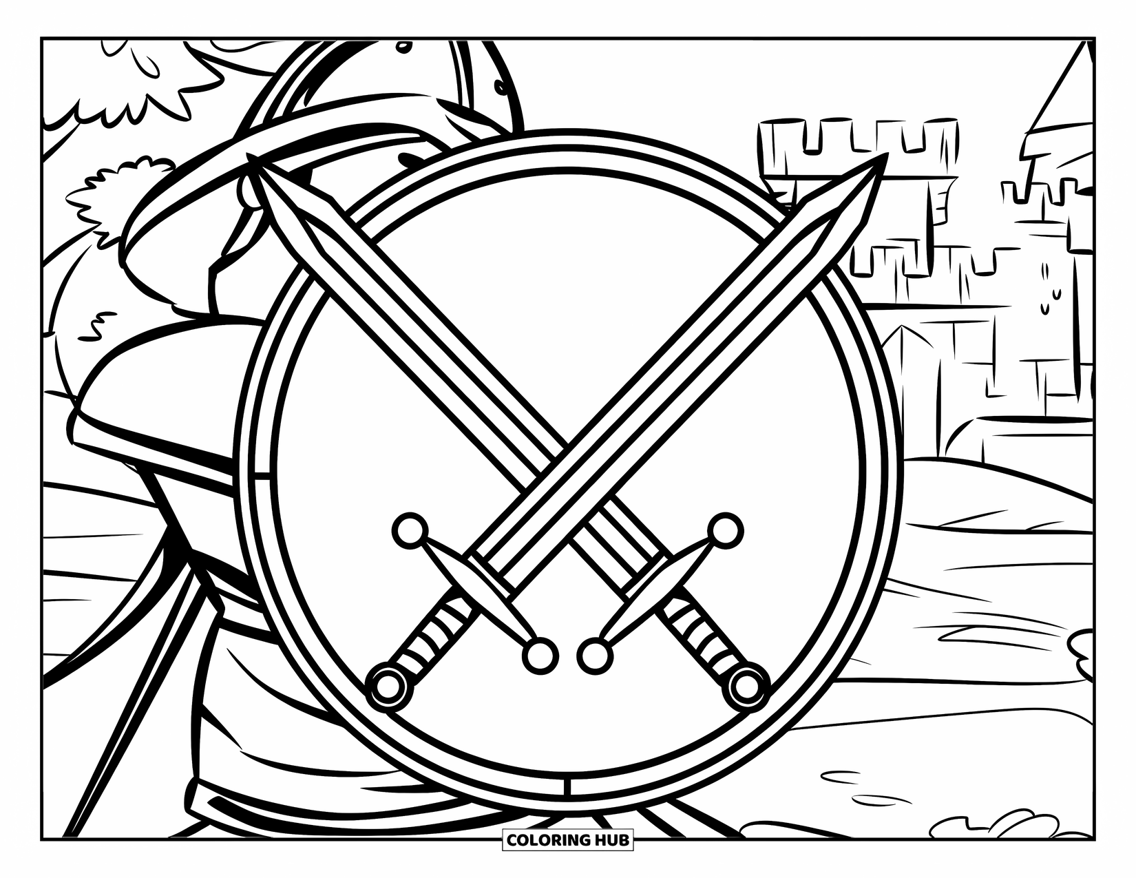 Disegno di spada da colorare per bambini: due spade incrociate all'interno di uno scudo, tenute da un guerriero, con un castello e degli alberi sullo sfondo