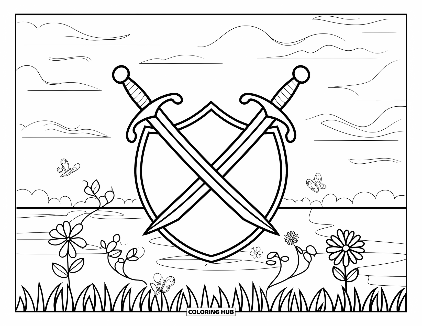 Disegno di spada da colorare per bambini: due spade incrociate all'interno di uno scudo, poste su un terreno erboso con fiori, farfalle e nuvole