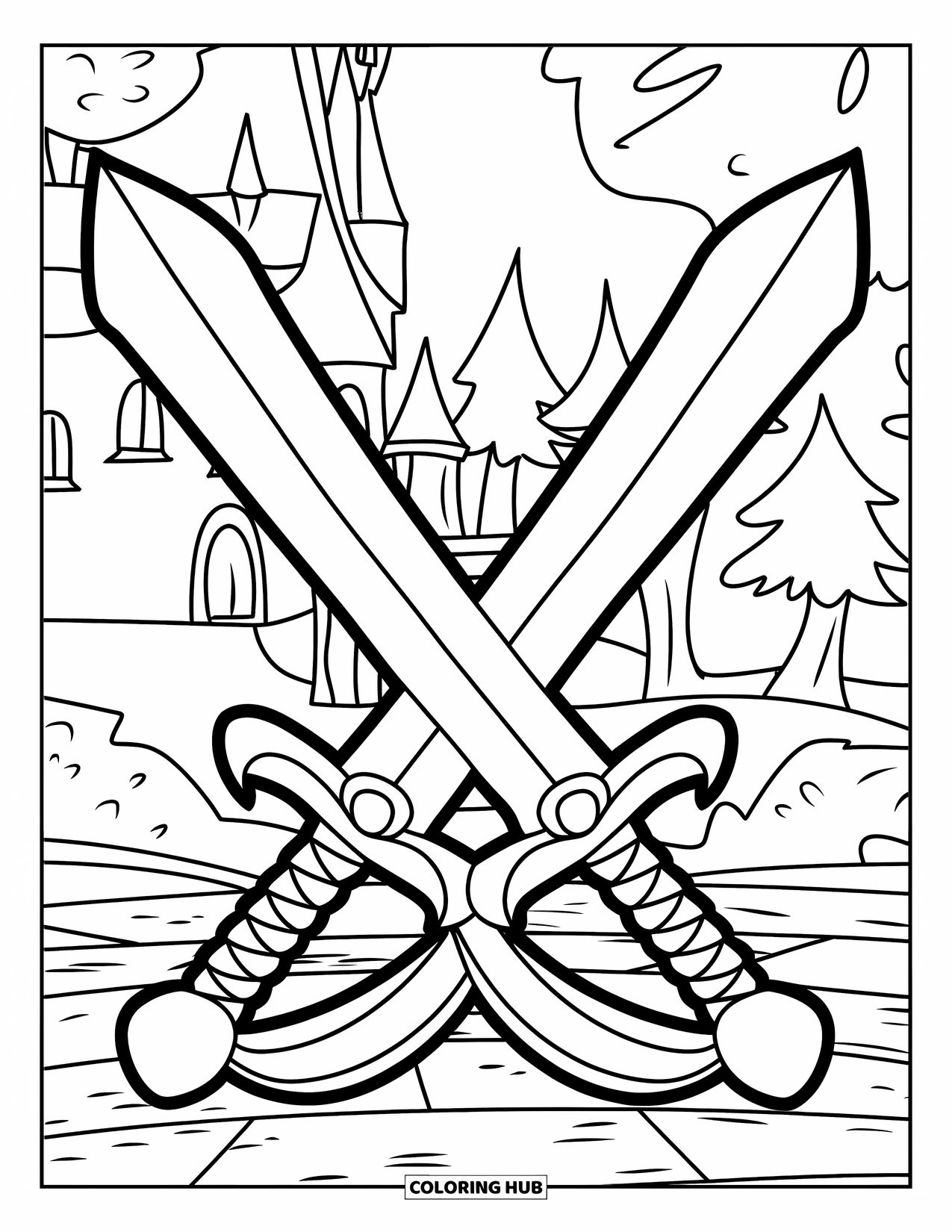 Disegno di spada da colorare per bambini: due spade incrociate con un semplice nastro, su sfondo con un castello e degli alberi