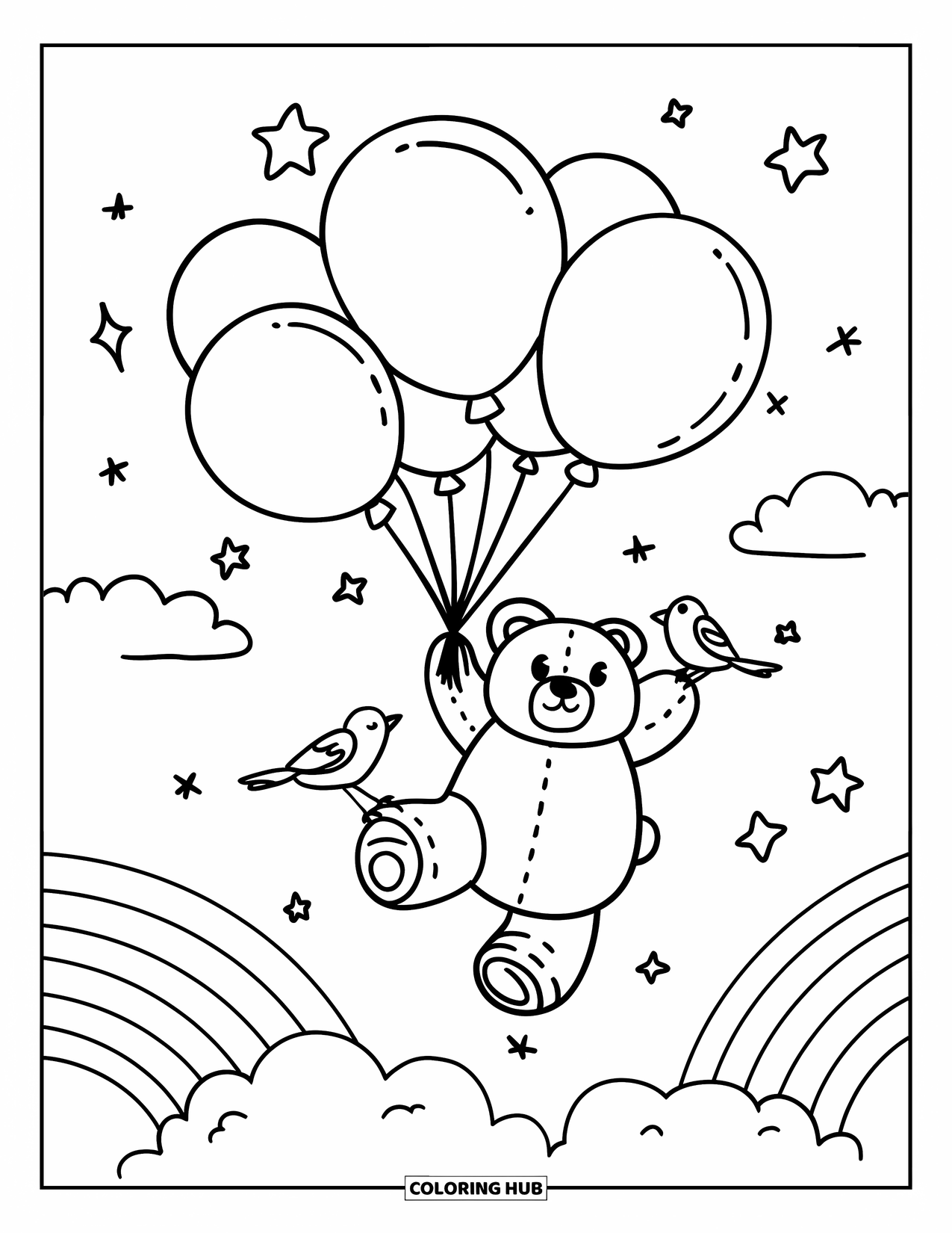 Teddybeer Kleurplaat voor Volwassenen: Een mollige teddybeer zweeft in de lucht en houdt oversized ballonnen vast met sterren en wolken