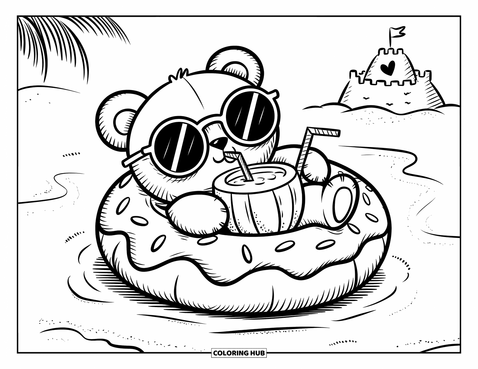 Teddybeer Kleurplaat voor Volwassenen: Een kawaii teddybeer ligt op een donutdrijver op het strand en drinkt een kokosnootdrankje