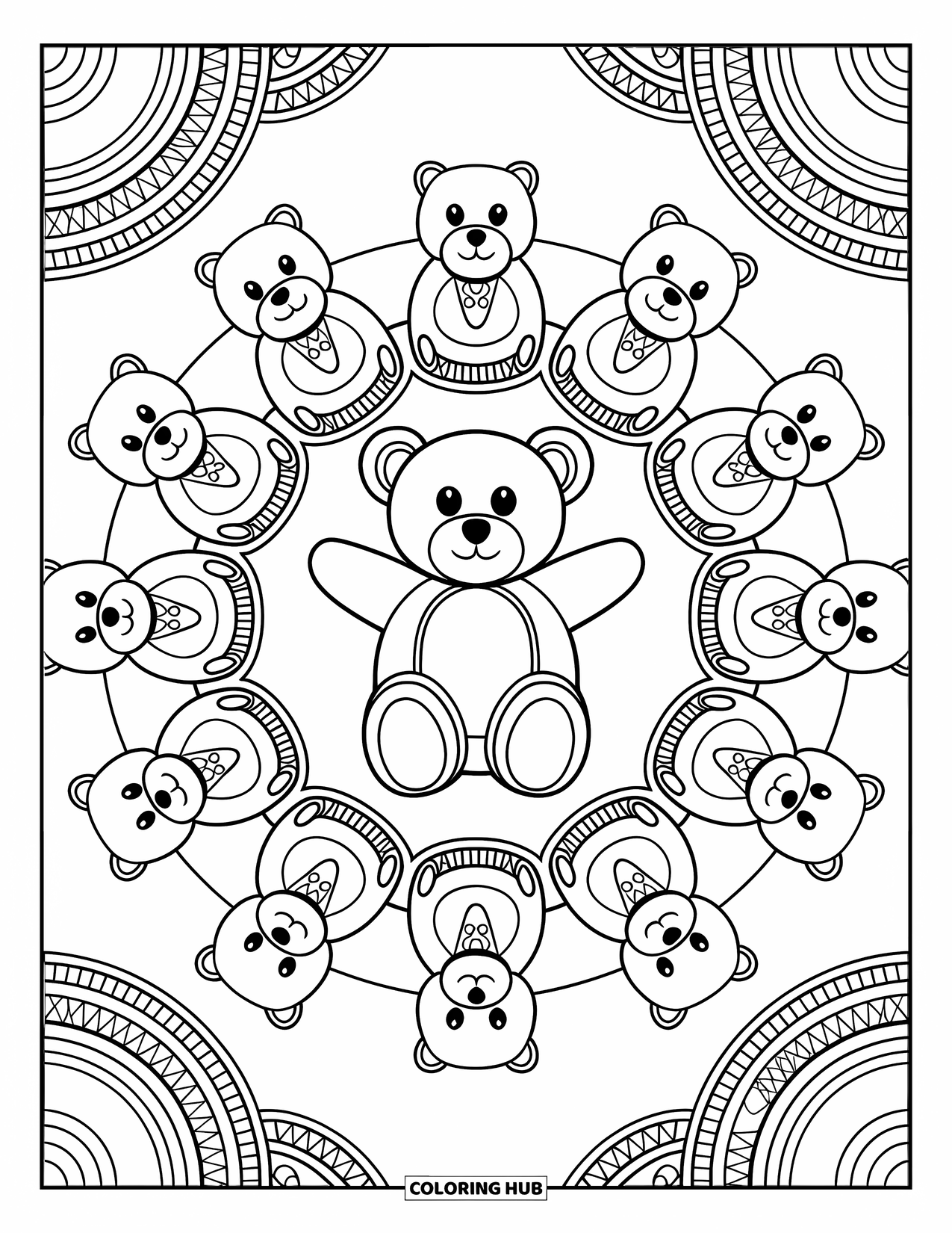 Teddybeer Kleurplaat voor Volwassenen: Een ontwerp in mandala-stijl toont teddyberen die in een cirkelvormig patroon zijn gerangschikt met sierlijke details