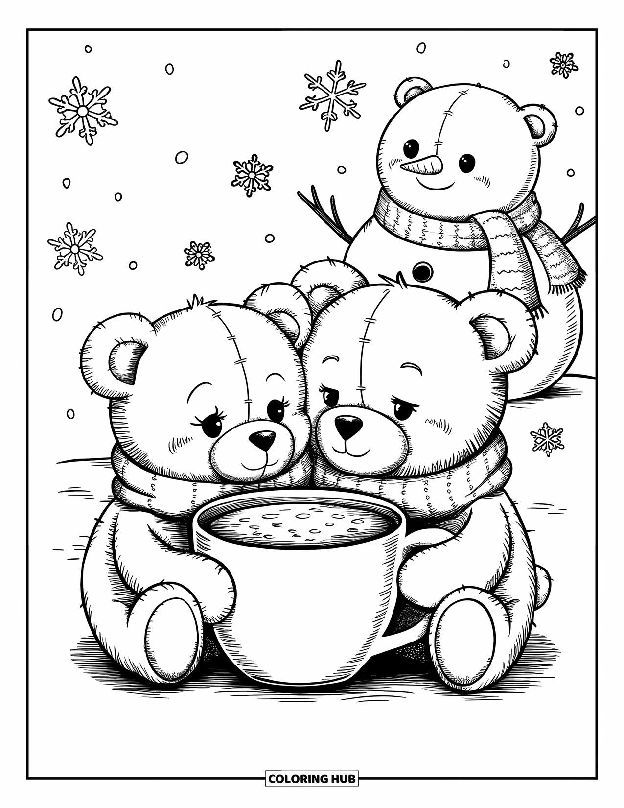 Teddybeer Kleurplaat voor Volwassenen: Een paar teddyberen knuffelen onder een sjaal en drinken warme chocolademelk terwijl er sneeuwvlokken vallen
