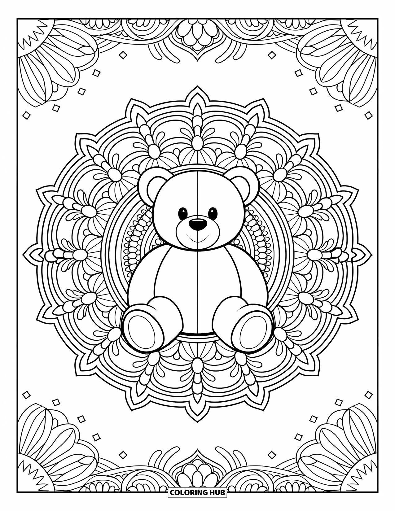 Teddybeer Kleurplaat voor Volwassenen: Een teddybeer in het hart van een mandala, met bloemen en geometrische details die de ruimte vullen