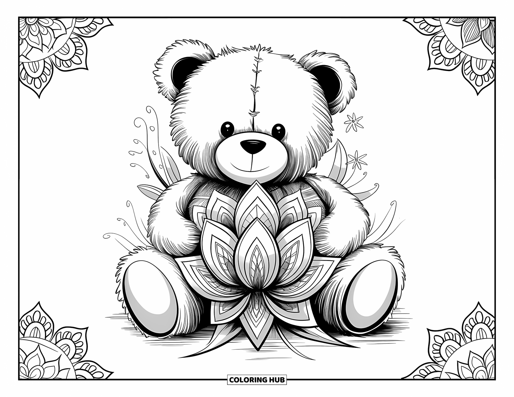 Teddybeer Kleurplaat voor Volwassenen: Een teddybeer houdt een lotusbloem vast, met mandala-patronen die de bloemblaadjes en zijn vacht vullen