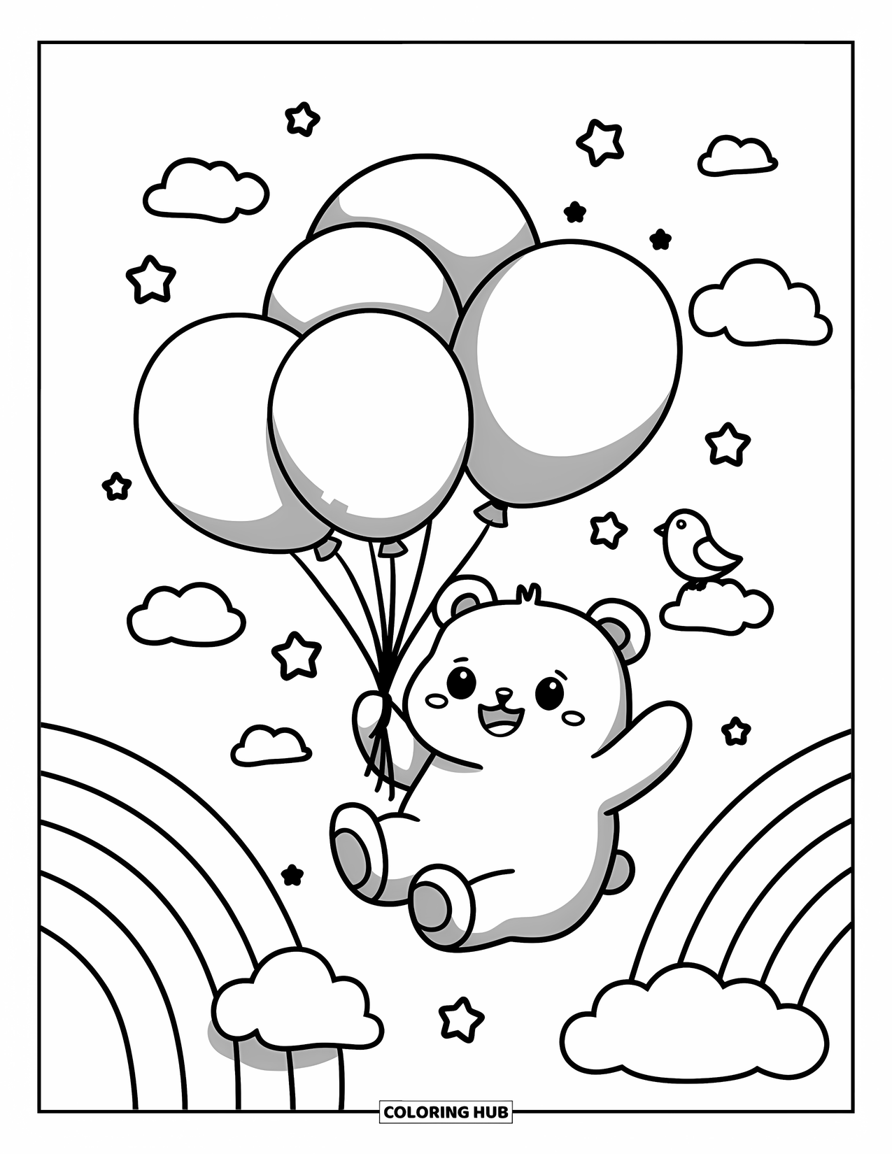 Teddybeer Kleurplaat voor Volwassenen: Een teddybeer drijft tussen zachte wolken en houdt pastelkleurige ballonnen vast met een vogel in de buurt