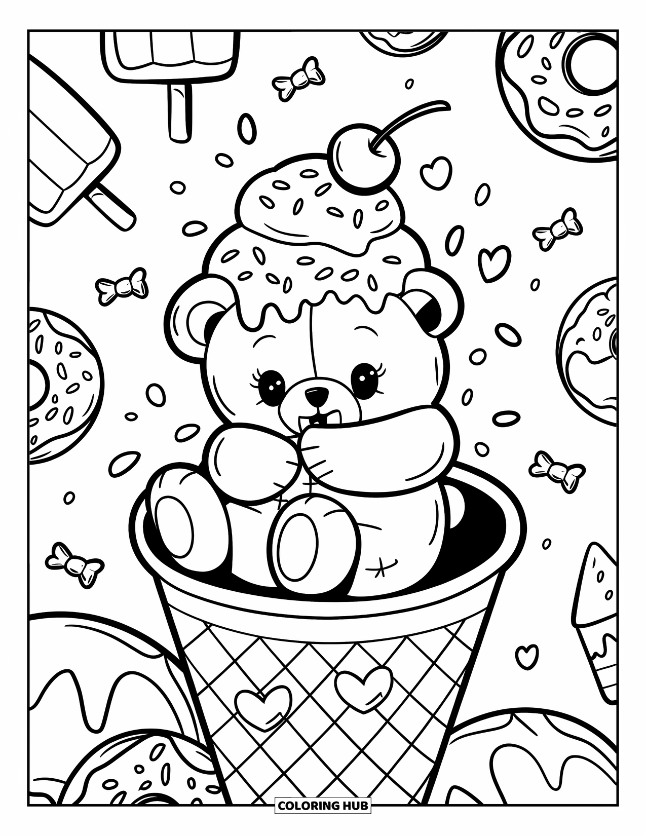 Teddybeer Kleurplaat voor Volwassenen: Een teddybeer geniet van een smeltende ijscoupe in een gigantische wafel