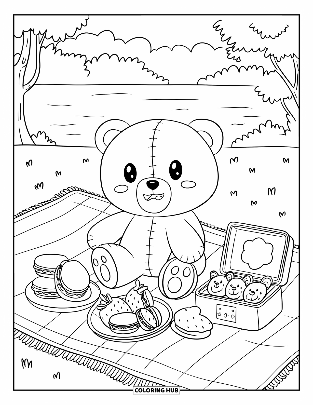 Teddybeer Kleurplaat voor Volwassenen: Een teddybeer geniet van een picknick met aardbeiensandwiches, macarons en een beervormige bento