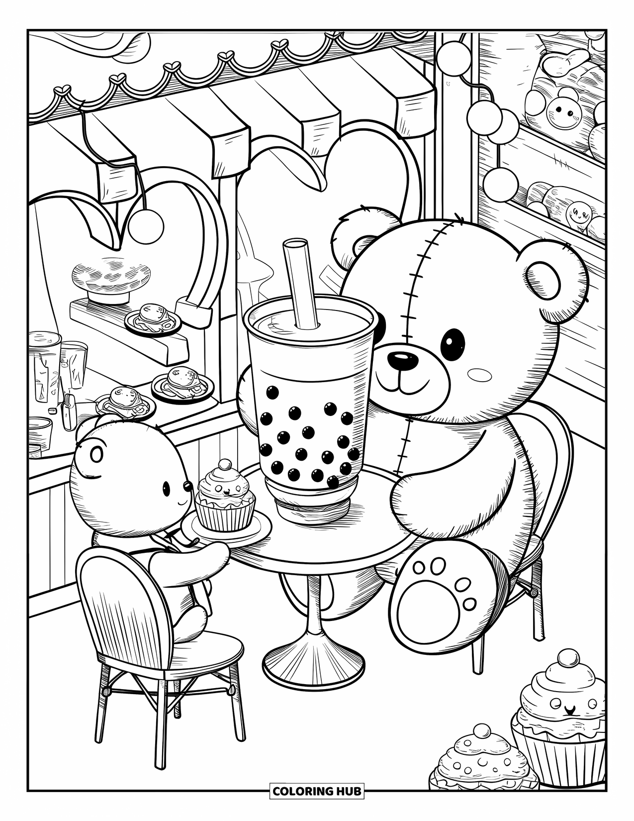 Teddybeer Kleurplaat voor Volwassenen: Een teddybeer geniet van bubble tea in een klein cafÈ, terwijl een mini-beer ober cupcakes serveert