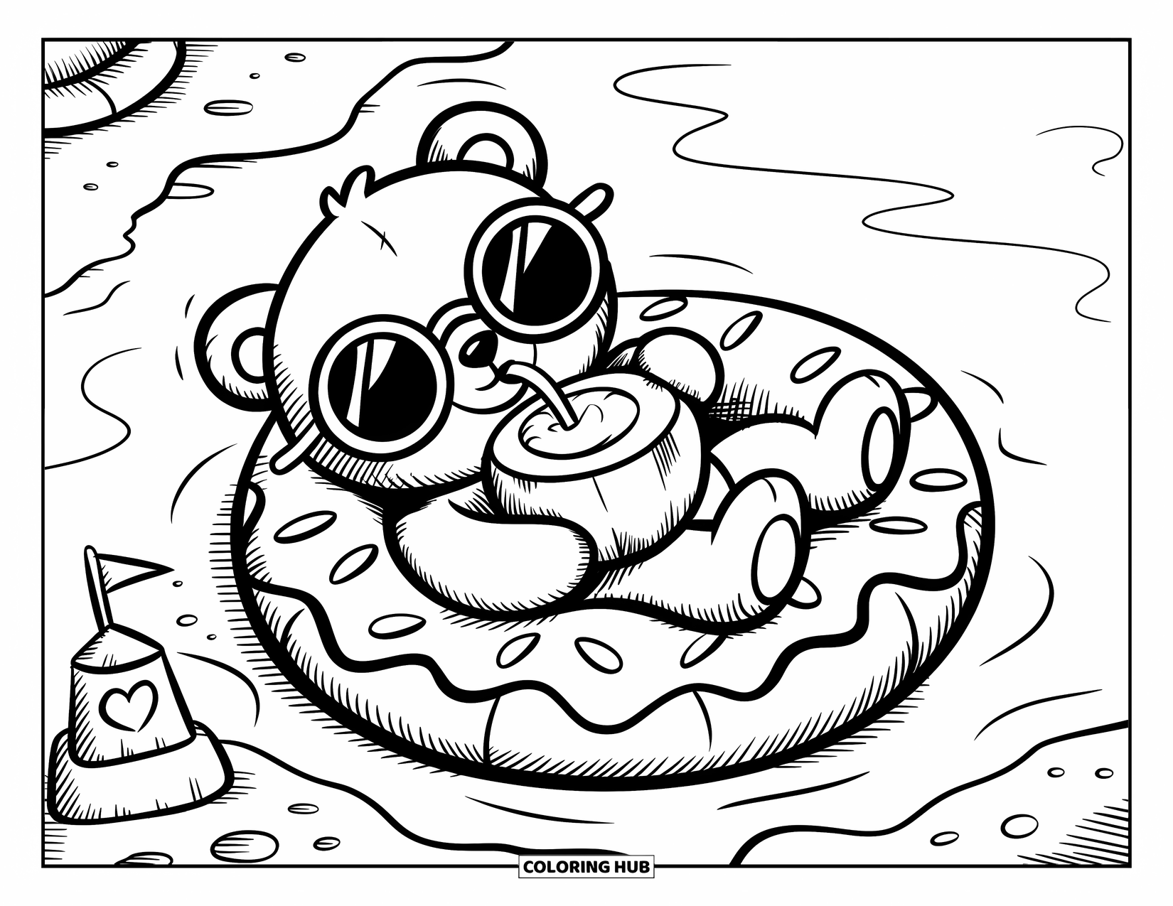Teddybeer Kleurplaat voor Volwassenen: Een teddybeer drijft op een donutvormig vlot en drinkt kokosnootsap aan de oceaan