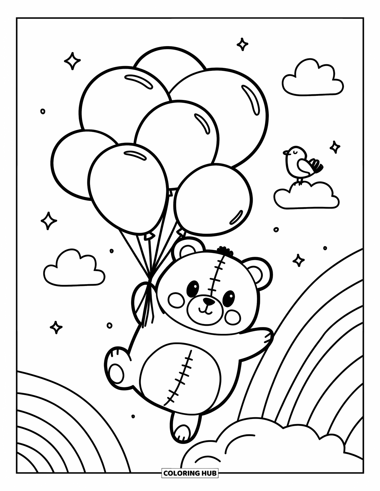 Teddybeer Kleurplaat voor Volwassenen: Een teddybeer zweeft met een tros ballonnen en glimlacht terwijl kleine sterretjes rondom twinkelen