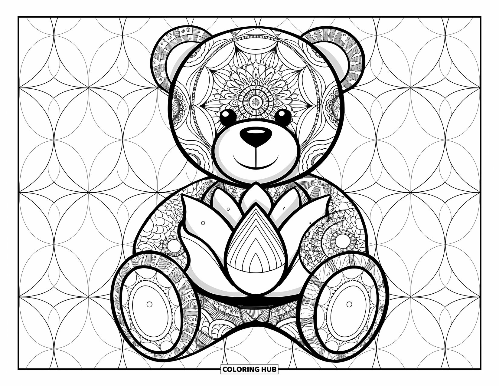 Teddybeer Kleurplaat voor Volwassenen: Een teddybeer houdt een lotusbloem vast, beide versierd met ingewikkelde mandala-ontwerpen