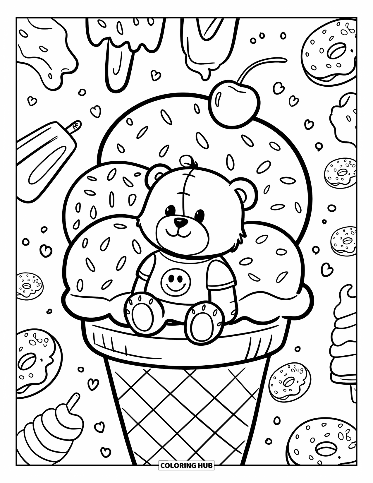Teddybeer Kleurplaat voor Volwassenen: Een teddybeer in een gigantisch ijshoorntje geniet van een zoete ijscoupe met donuts op de achtergrond