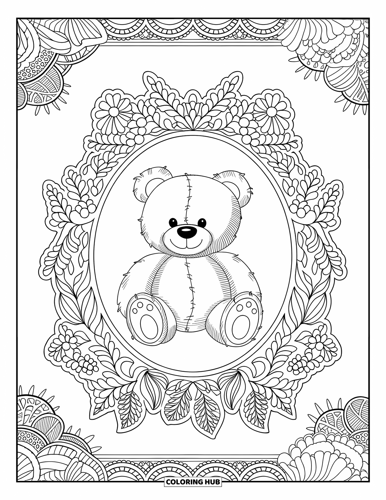 Teddybeer Kleurplaat voor Volwassenen: Een teddybeer is omringd door een elegant kanten frame gevuld met ingewikkelde bloemendetails