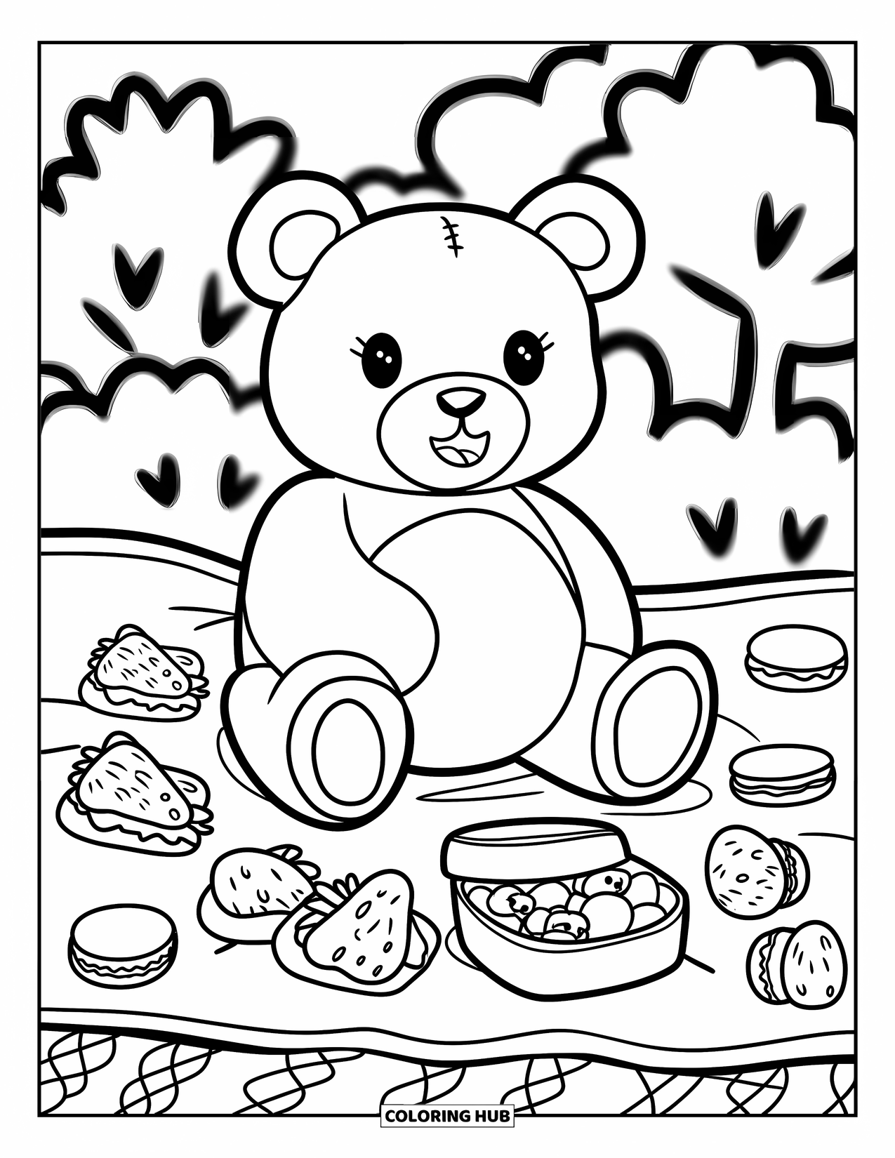 Teddybeer Kleurplaat voor Volwassenen: Een teddybeer picknickt in de natuur en geniet van een maaltijd met sandwiches, macarons en rijstballen