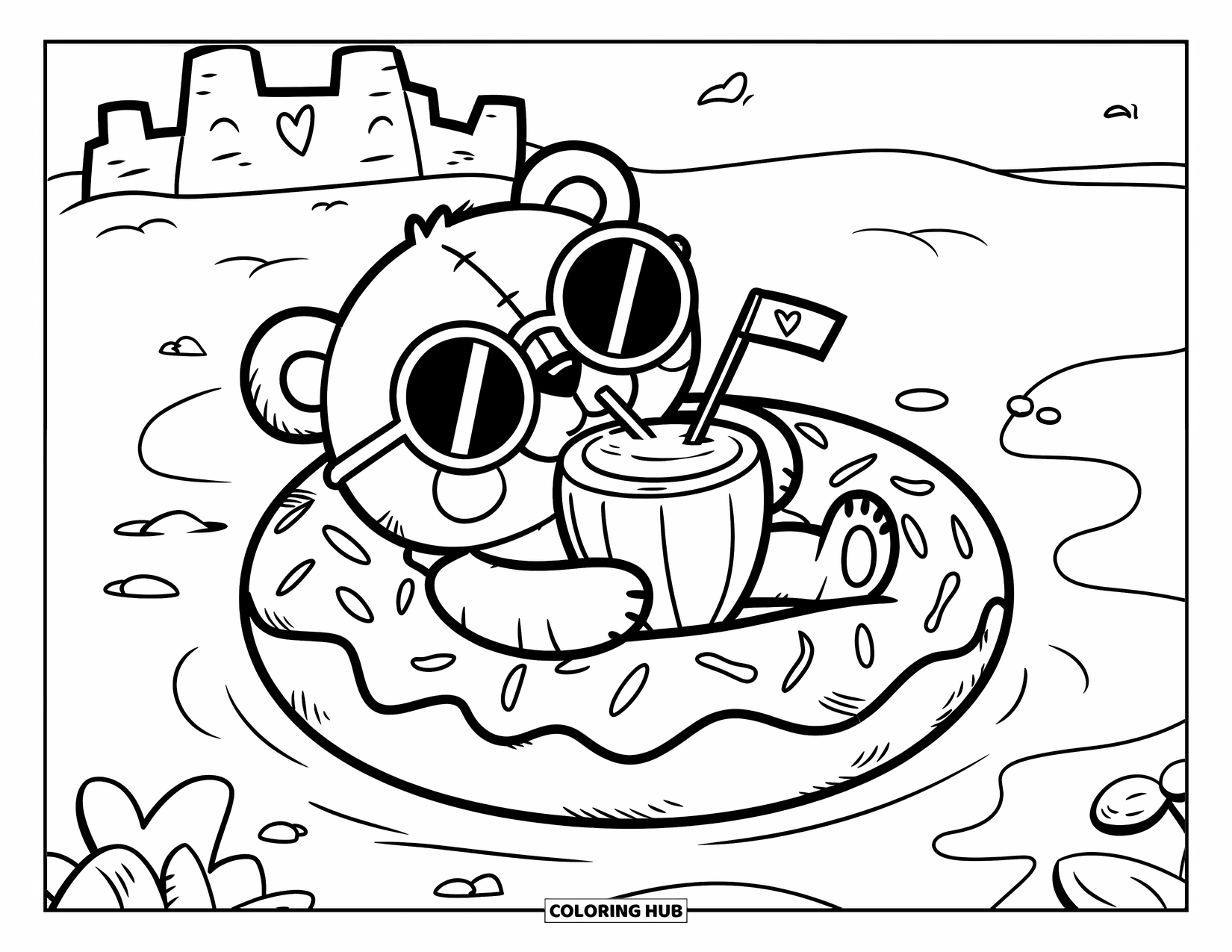 Teddybeer Kleurplaat voor Volwassenen: Een teddybeer ontspant zich op een donutdrijver en geniet van een kokosnootdrankje in de buurt van een zandkasteel
